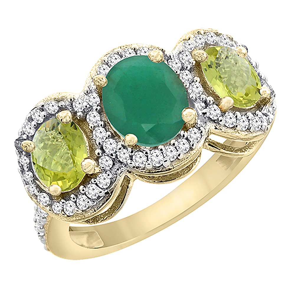 10K Yellow Gold Natural Emerald & Lemon Quartz 3-Stone Mothers Ring with Oval Diamond Accent - Size 5-10 - Perfect Gift for Mother's Day, Birthday & Anniversary