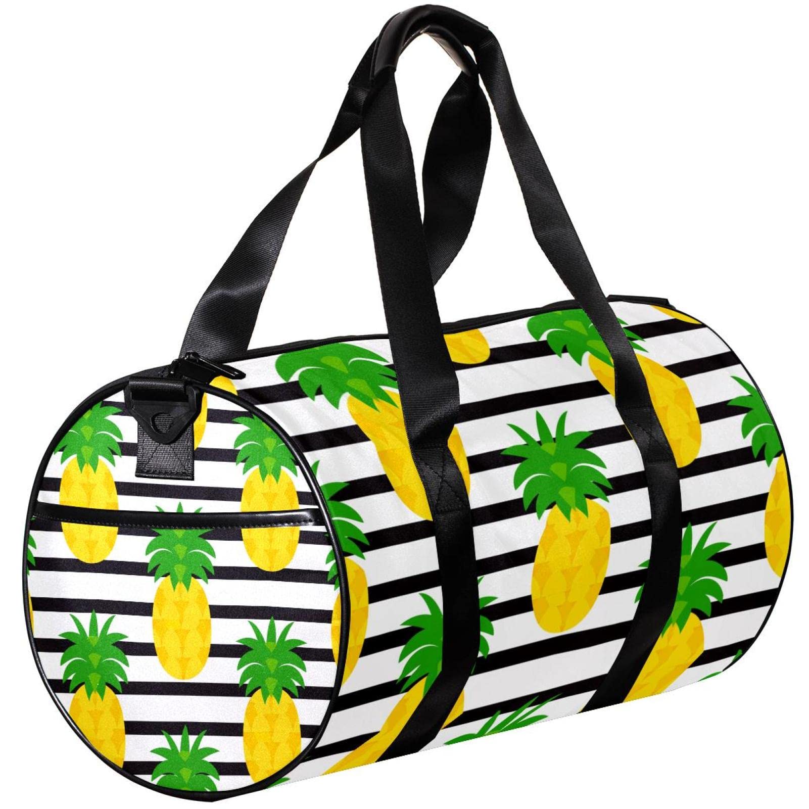 Stylish Pineapple Print Small Travel Duffel Bag - Black & White Striped Canvas Gym Bag for Sports, Workout & Weekend Getaways - Perfect Carry-On Luggage for Beach Trips, Gym Sessions & Casual Travel