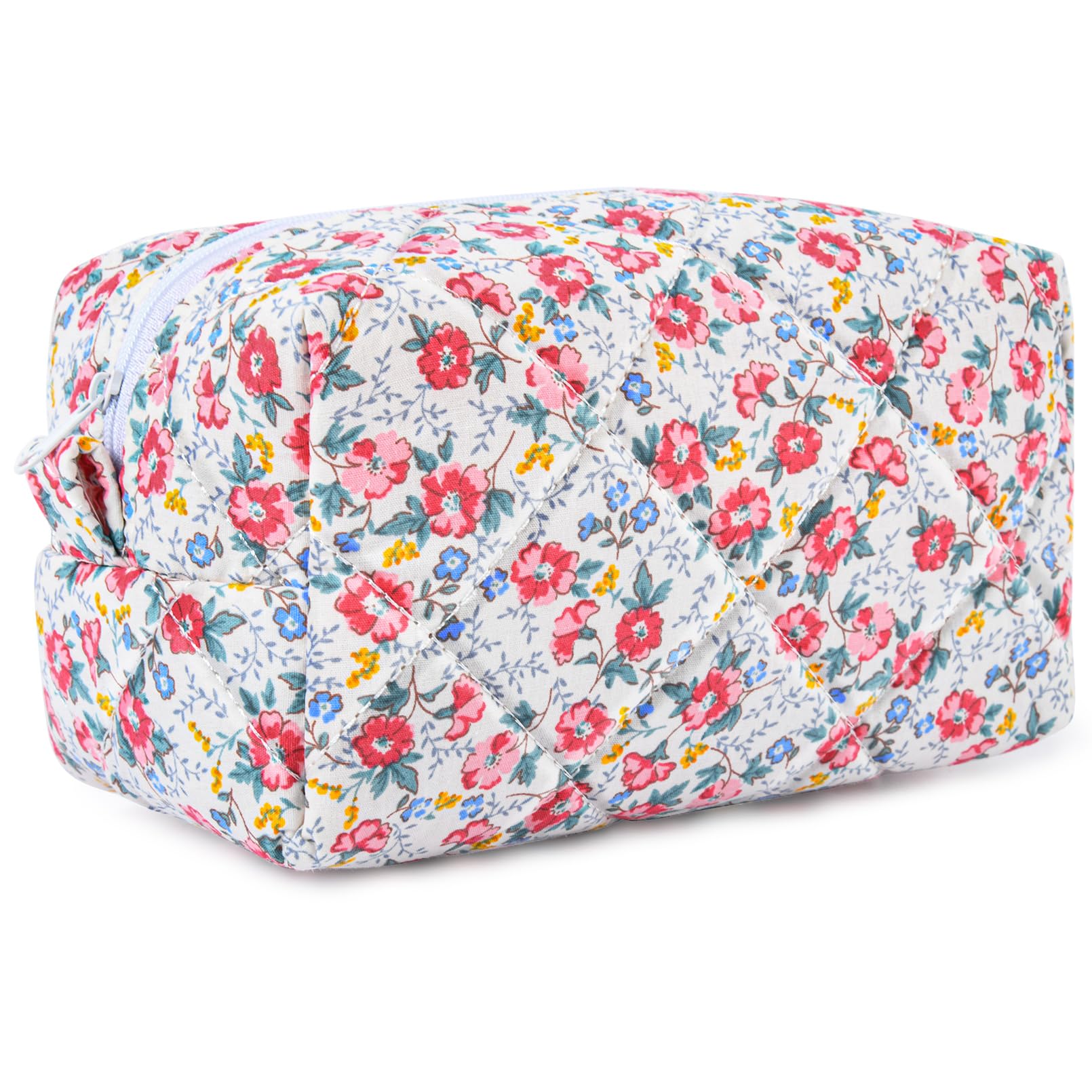 Floral Quilted Cosmetic Bag for Women - Puffy Coquette Makeup Pouch with Aesthetic Design, Cute Travel Toiletry Organizer & Cotton Makeup Brushes Storage Bag - Perfect for Travel, Gym, and Daily Beauty Essentials