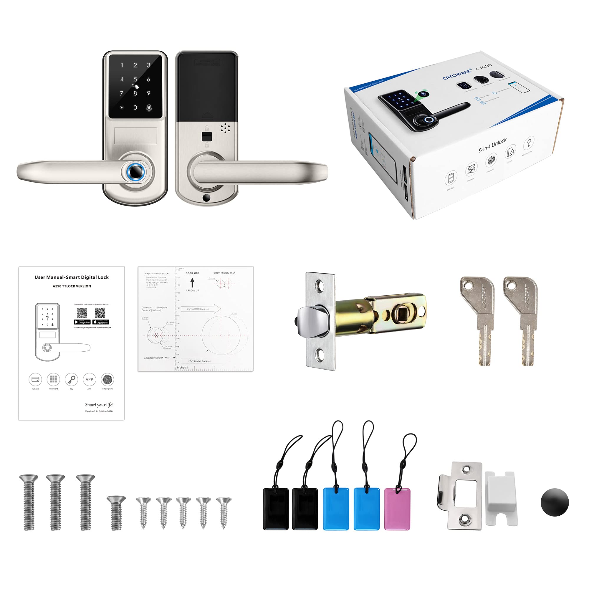 Smart Door Lock with Fingerprint, Bluetooth & Key Card - Keyless Entry for Front Door, Office, Garage & Airbnb - Digital Door Lock with App Control & Handle for Enhanced Security & Convenience