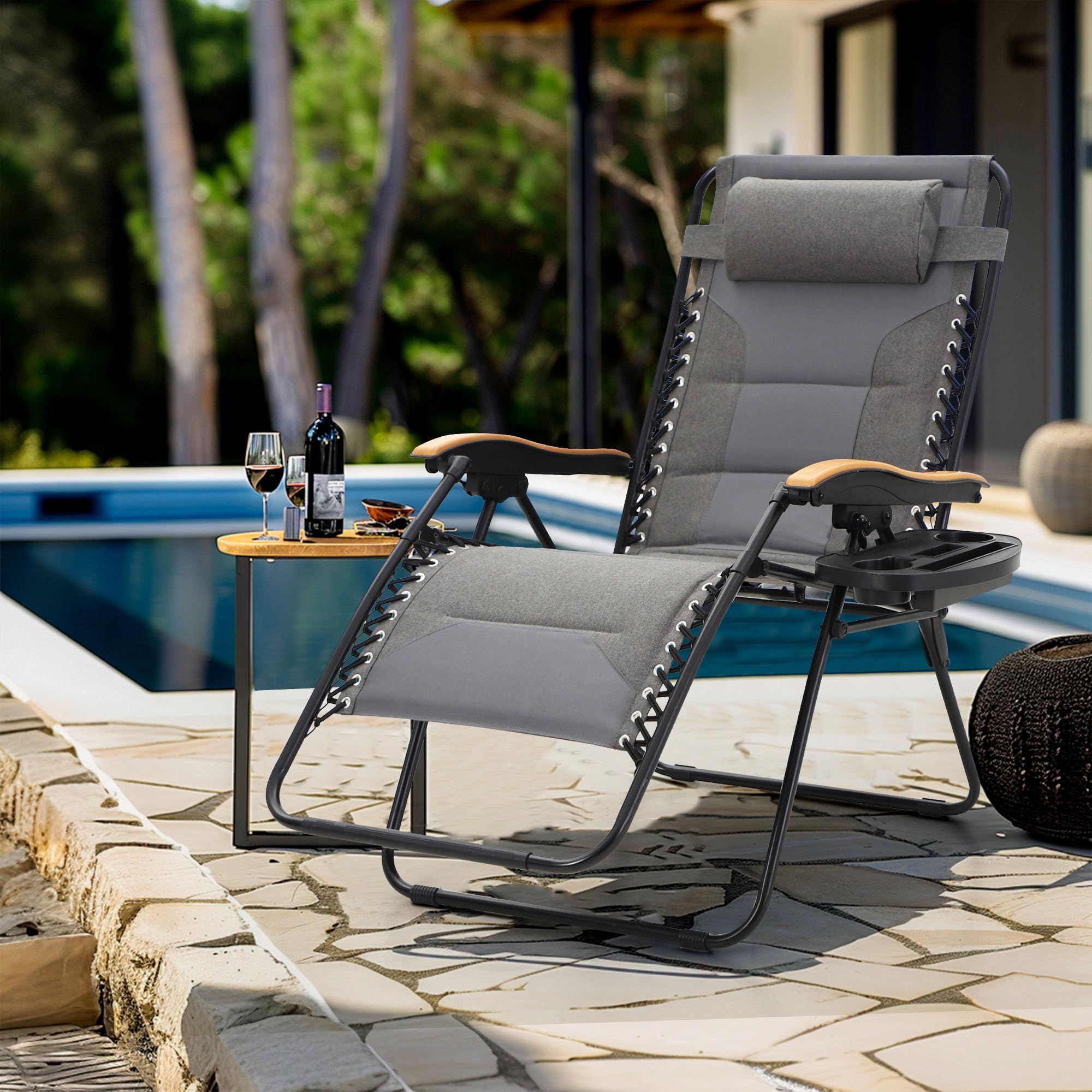 MFSTUDIO Zero Gravity Chairs Set of 2 - XL Oversized Outdoor Patio Lounge Chairs with Adjustable Reclining, Padded Headrest & Cup Holder - Supports 400lbs - Light Grey - Perfect for Backyard, Poolside, Camping & Beach Relaxation
