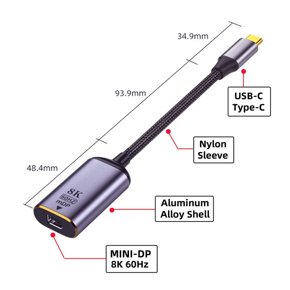 USB4 USB-C to Mini DisplayPort Cable - 8K 60Hz & 4K UHD Monitor Display Adapter - Compatible with MacBook Pro, Dell XPS, HP Laptops for Home Office and Gaming Setup