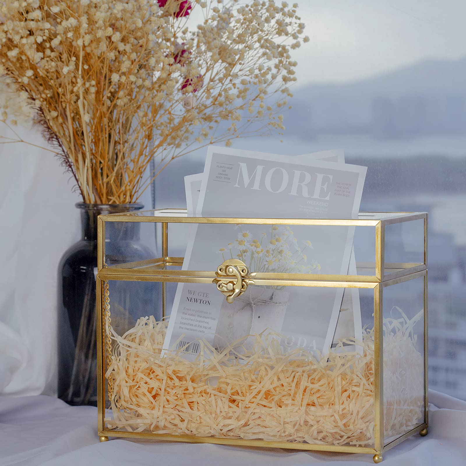 Elegant Glass Wedding Card Box with Slot - Large Clear Gift Card Holder in Gold Brass for Wedding Receptions, Birthday Parties & Bridal Showers | Perfect Greeting Card Organizer for Special Events & Celebrations