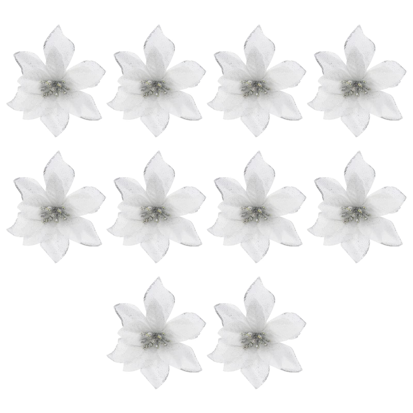 Holibanna 10-Pack Silver Christmas Ornaments - 13cm Artificial Glitter Flowers for Tree Decorations, Wedding Centerpieces & Holiday Home Décor - Perfect for Xmas Tree Decorating, Gift Wrapping & Festive Party Decor