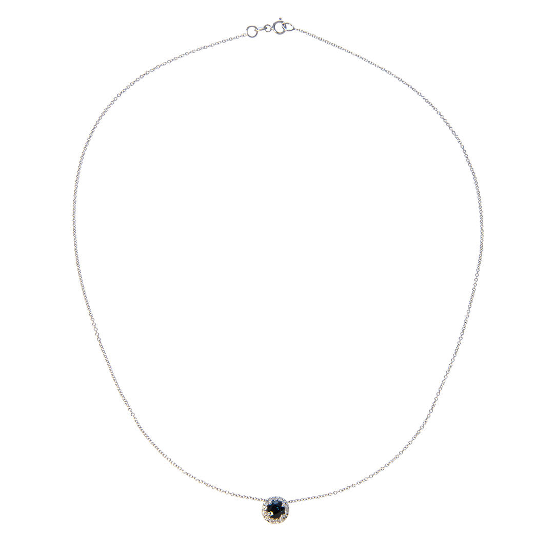 Exquisite 18K White Gold Round Sapphire & Diamond Halo Pendant Necklace - Perfect for Weddings, Anniversaries & Special Occasions