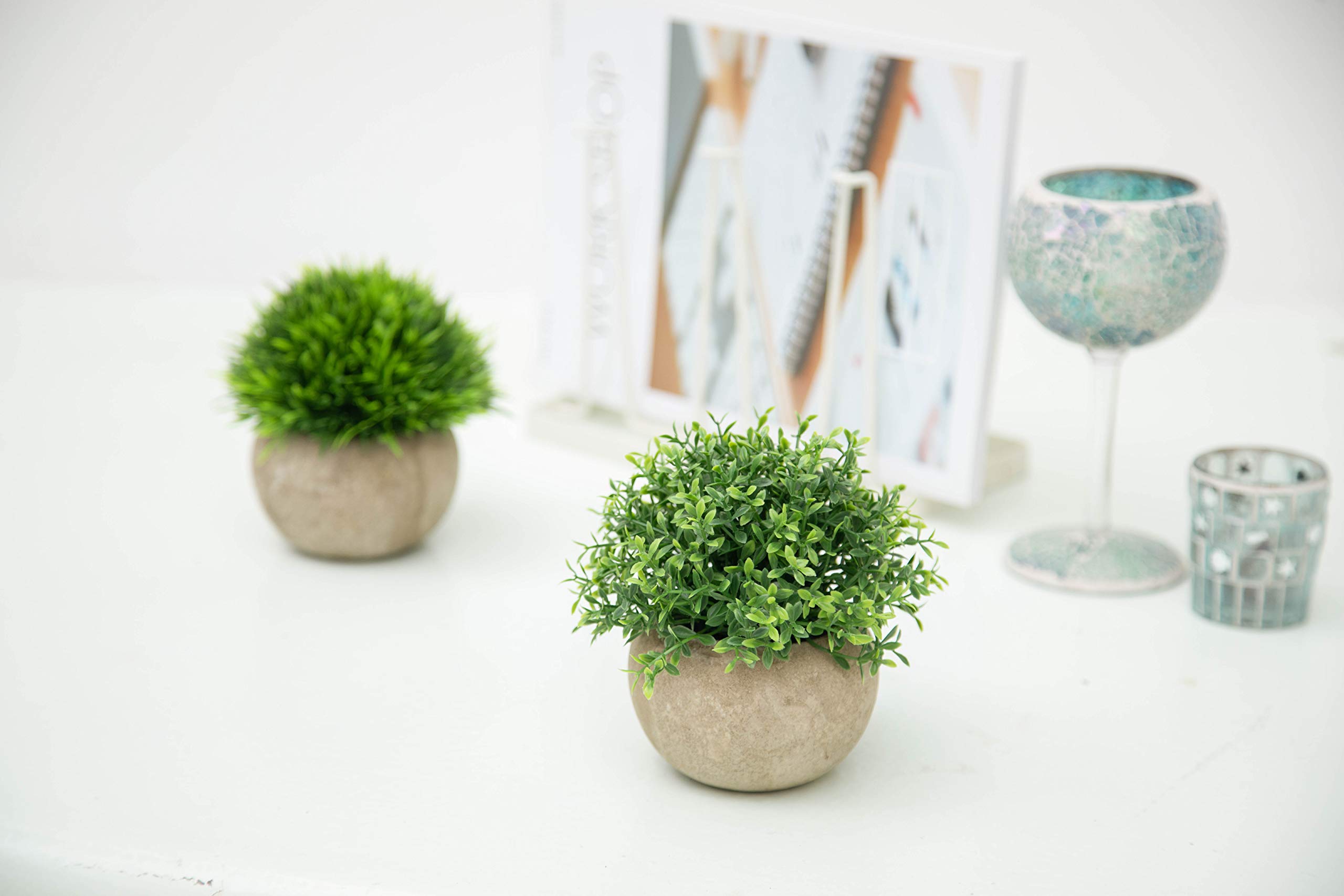 2Pcs Mini Artificial Boxwood Topiary Faux Plants for Indoor Decor - Small Fake Plants for Home, Office Desk, Cubicle, Farmhouse Kitchen, Bookshelf, Bedroom & Bathroom - Perfect for Zen Garden, Aloe Vera Theme & Magnolia Style Decor