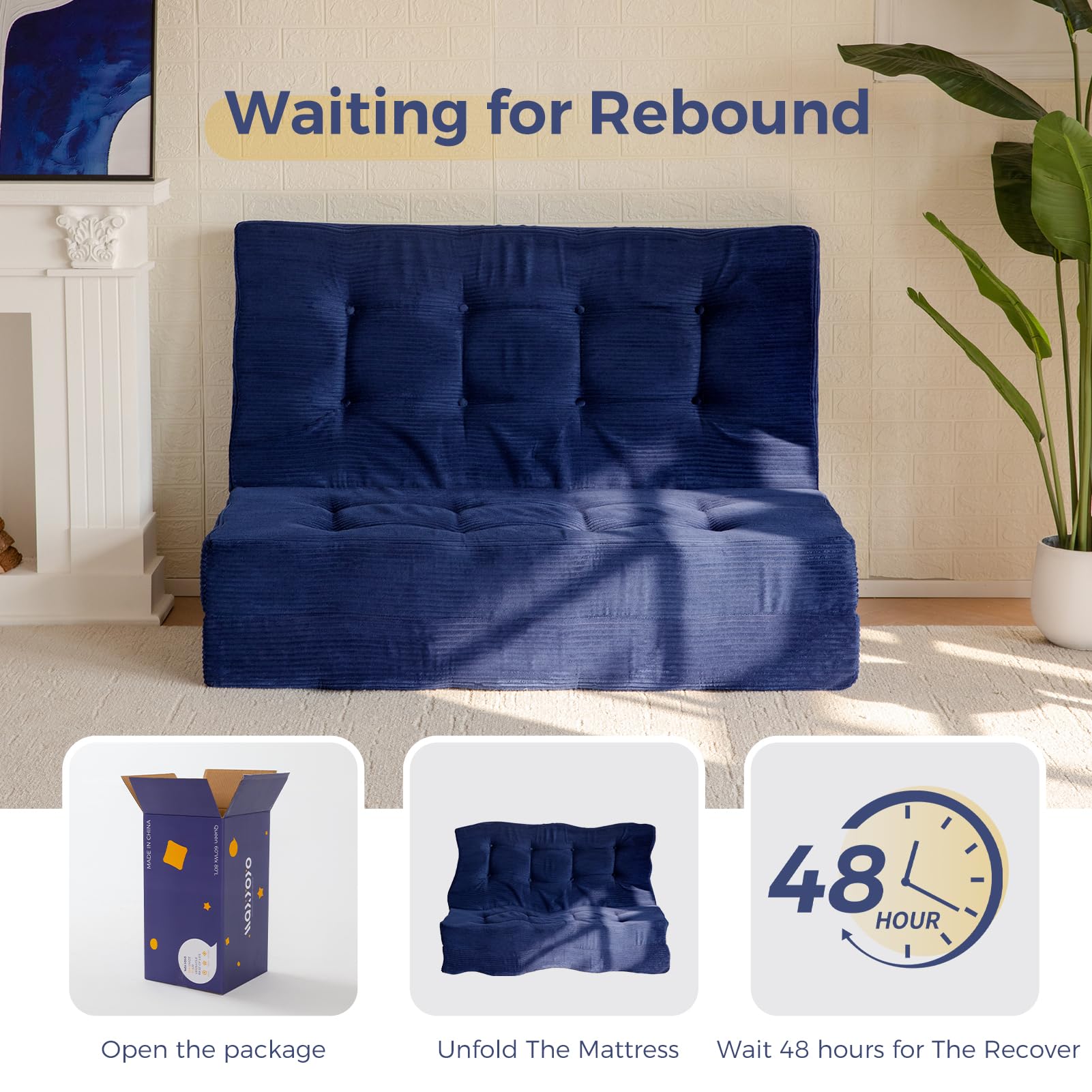 MAXYOYO 6 Inch Tri Fold Mattress - Tufted Full Foam Folding Bed with Corded Fabric in Navy Blue | Perfect for Guest Rooms, Camping & Small Spaces