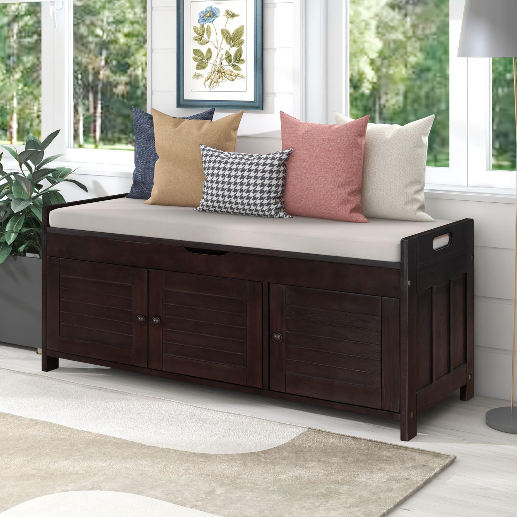 P PURLOVE Storage Bench with Removable Cushion - 3 Shutter Doors & Hidden Compartment - Entryway Bench for Living Room, Hallway, Bedroom - Espresso Finish for Home Organization & Decor