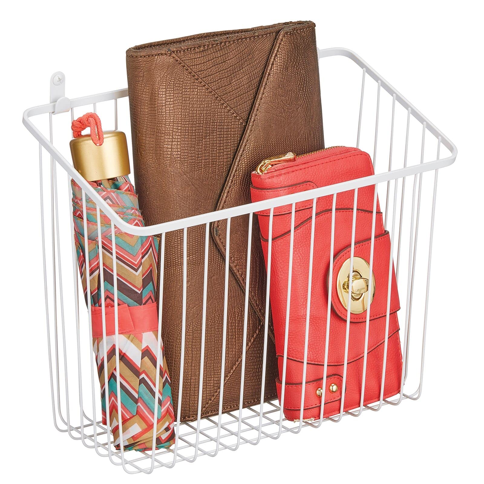 Metal Wall Mounted Storage Organizer Basket - Kitchen, Bedroom & Bathroom Organization - Hanging Wire Bin for Pantry, Closet & Cabinet - Matte White - Perfect for Small Space Storage & Home Decor