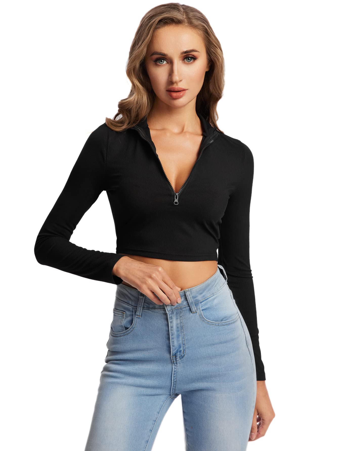 GORGLITTER Women's Long Sleeve Half Zip Fleece Lined Crop Top - V Neck Fitted Sexy Workout Shirt for Yoga, Running & Casual Wear