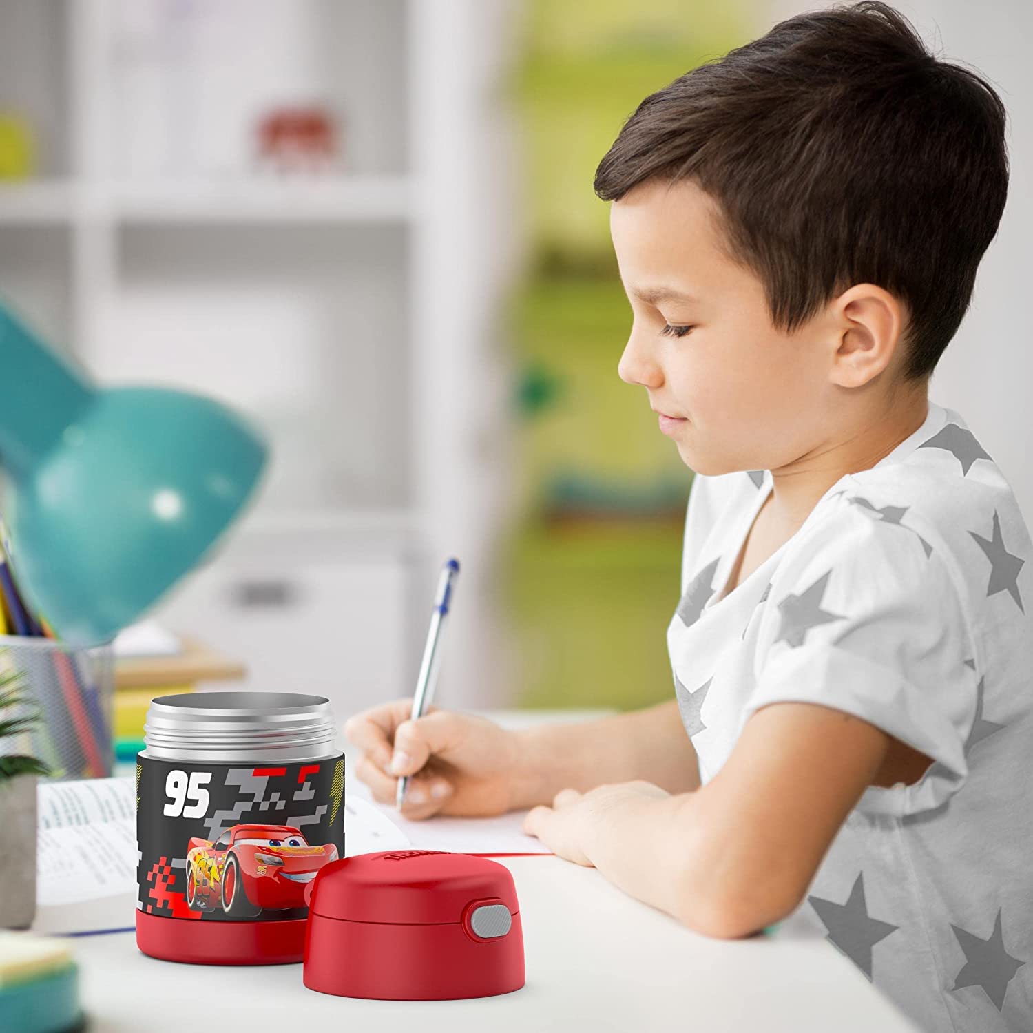 THERMOS FUNTAINER Insulated Food Jar for Kids - 10oz Leak-Proof Stainless Steel Lunch Container with Foldable Spoon - Cars Design - Perfect for School Lunches, Picnics & Travel