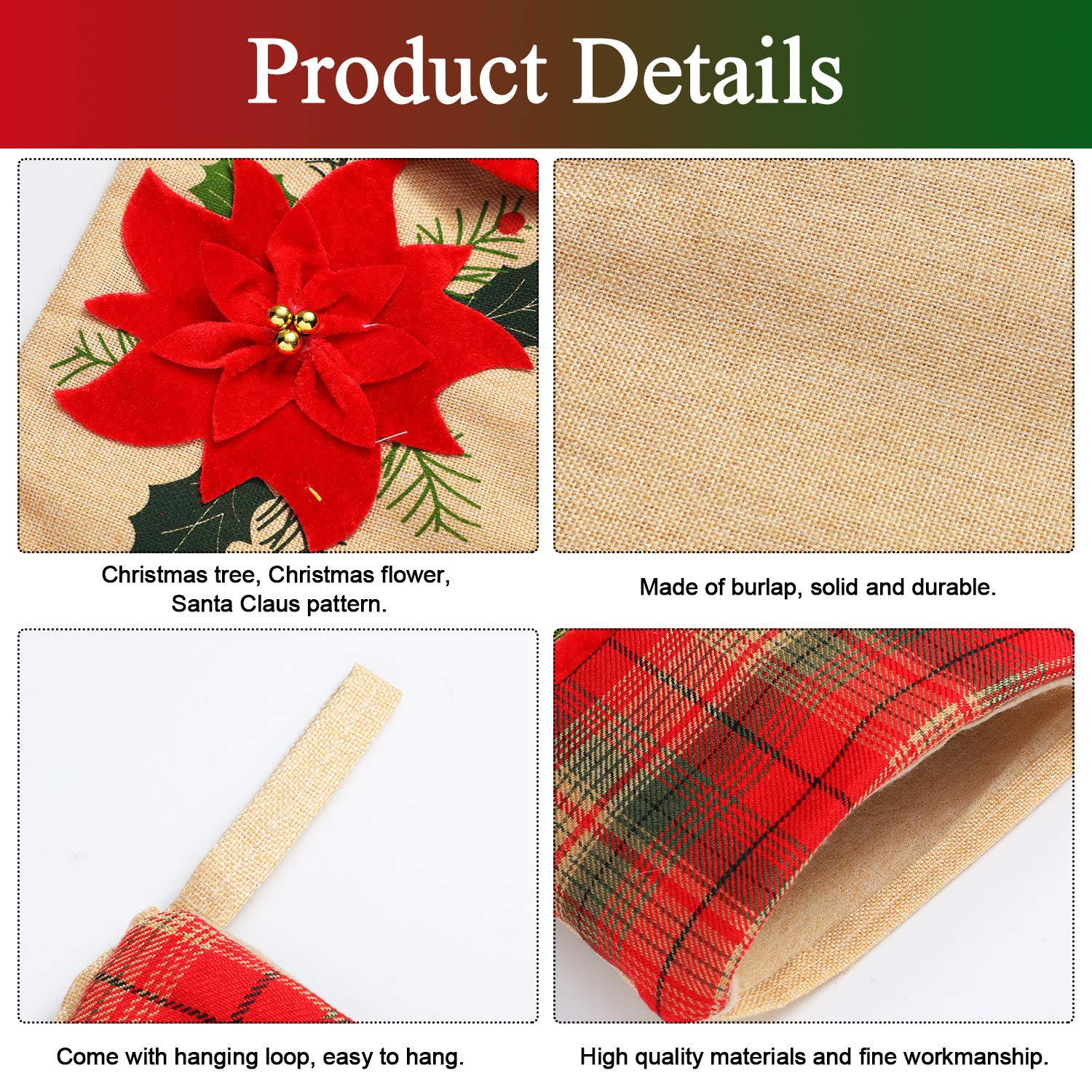 Skylety 4-Piece 18-Inch Plaid Burlap Christmas Stockings Set - Santa Claus & Holiday Flower Print Xmas Stockings for Fireplace Decor, Gift Exchange & Festive Home Decoration | Perfect for Christmas Tree, Mantel & Holiday Party Decorating