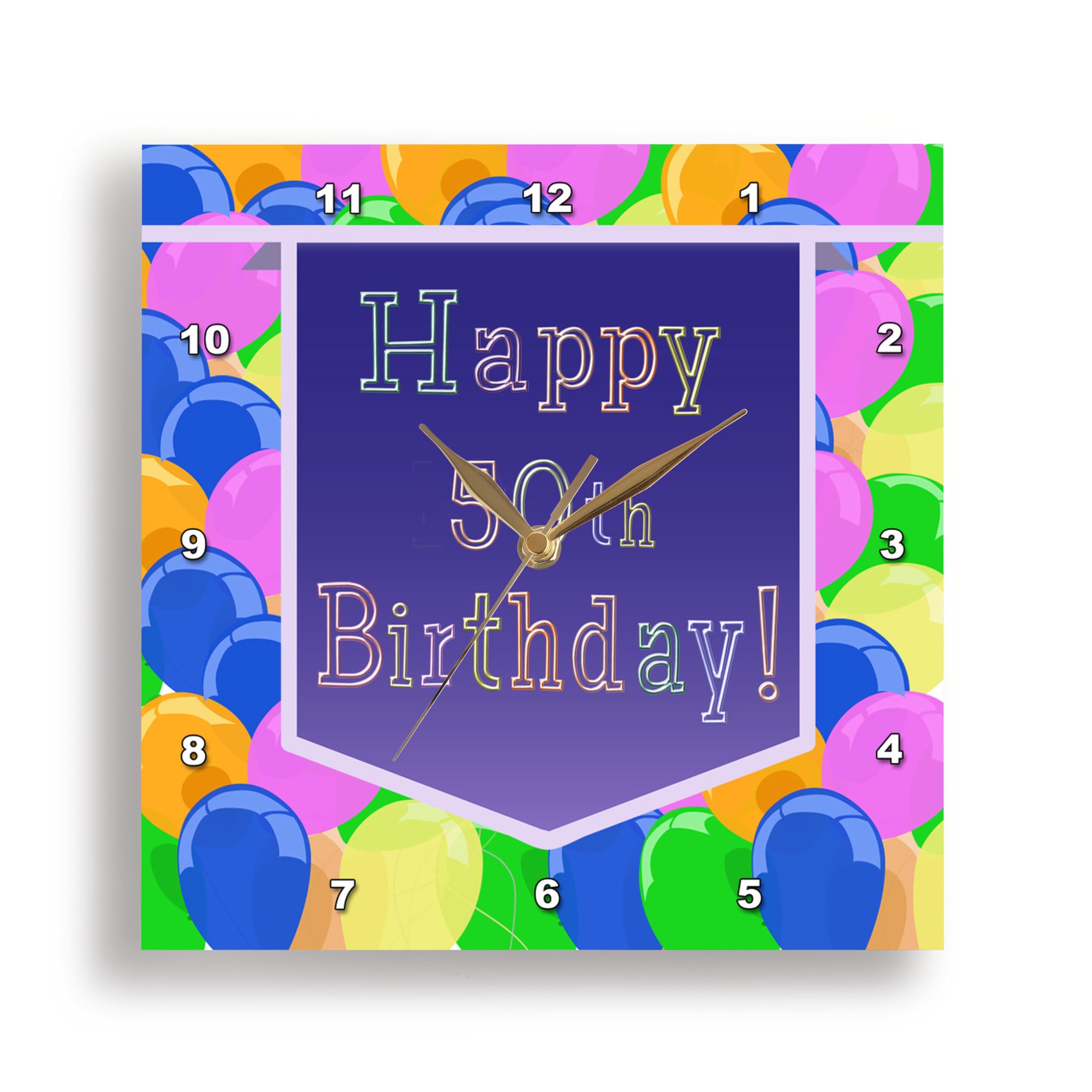3dRose 13-Inch Silent Wall Clock - Balloons with Purple Banner Happy 50th Birthday Design - Perfect for Birthday Parties, Home Decor & Gift Giving
