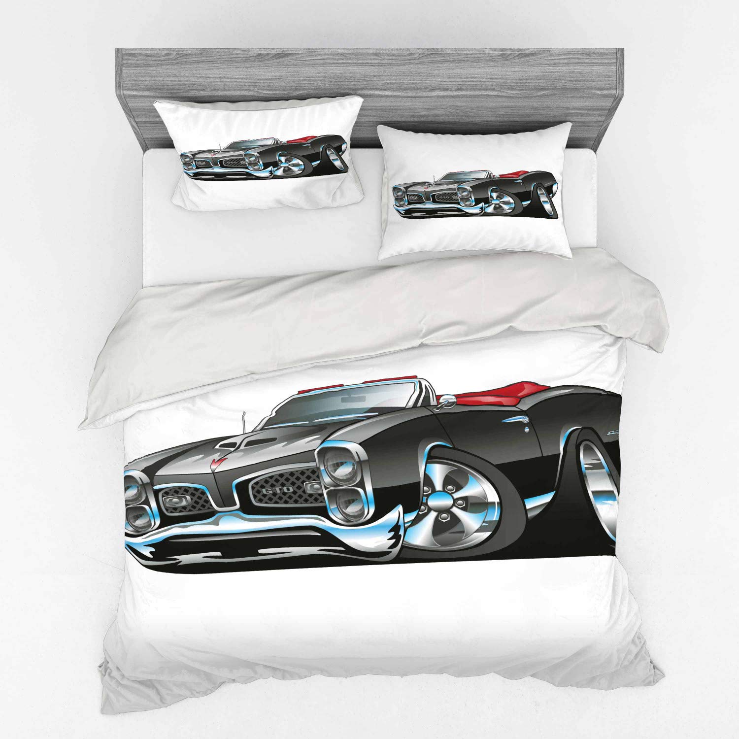 Ambesonne Vintage Muscle Car Bedding Set - 4 Piece Duvet Cover with Pillow Shams & Fitted Sheet, King Size, Pale Grey Blue - American Nostalgic Sports Car Design with Speeding Wheels Print - Perfect for Car Enthusiasts' Bedroom Decor & Racing Theme Rooms
