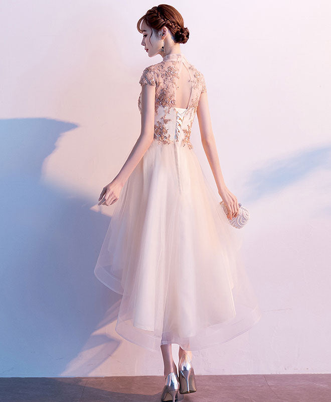 Elegant Champagne Tulle Lace High-Low Prom Dress for Homecoming - Perfect for Formal Dances, Graduation Parties & Special Occasions