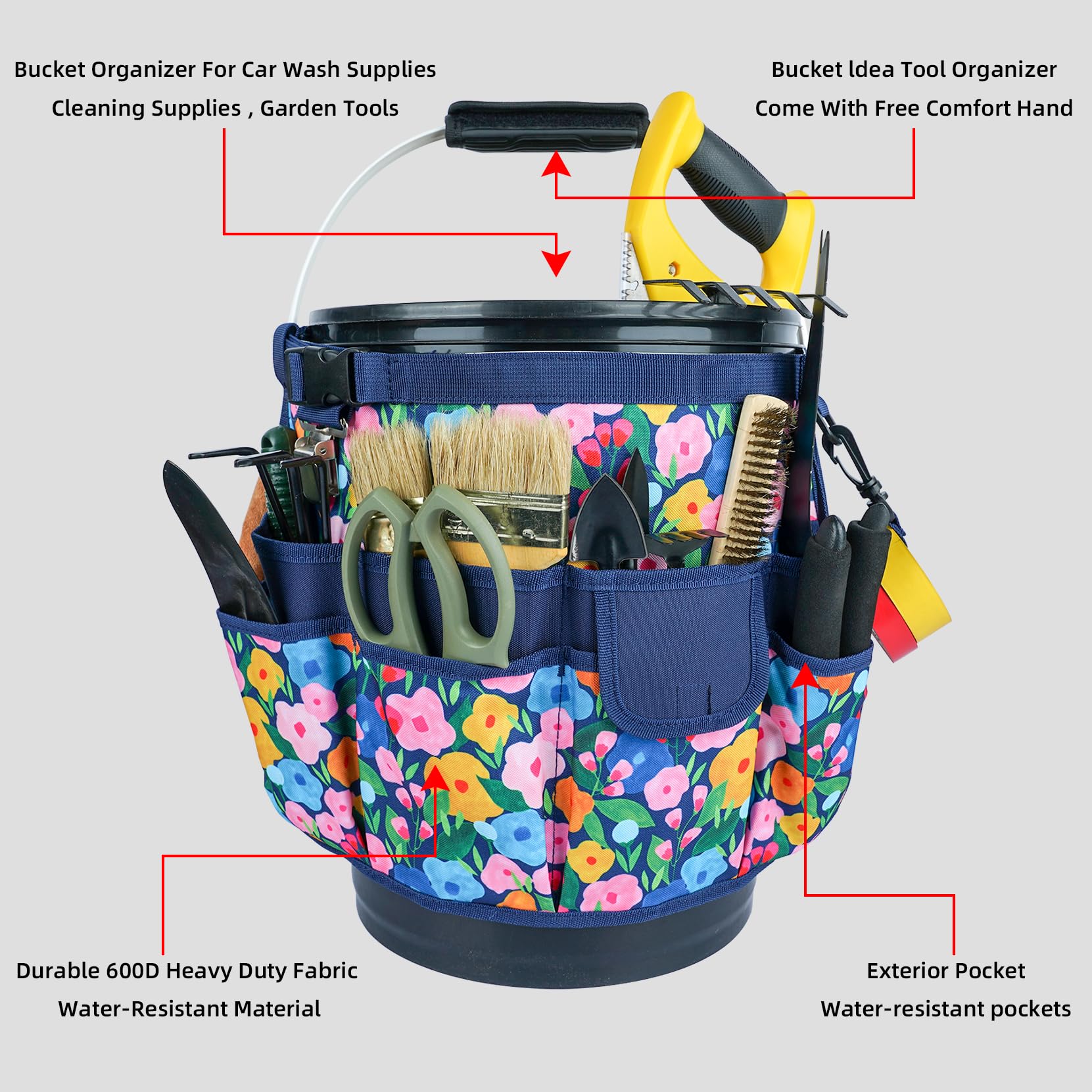 MELOTOUGH Bucket Organizer for Garden Tools - Fits 3.5 to 5 Gallon Buckets, Heavy Duty Tool Holder with Blue Flower Design - Perfect for Gardening, DIY Projects & Workshop Organization