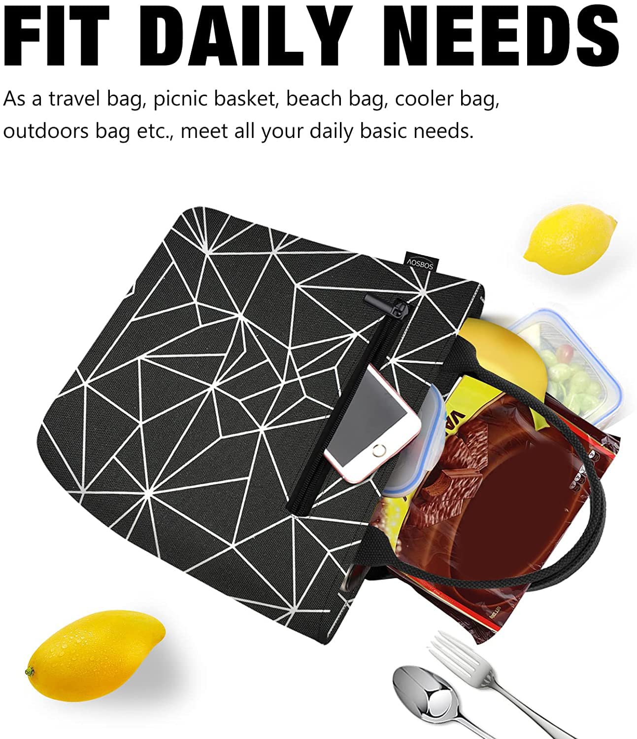 Aosbos Large Insulated Lunch Bag for Women - Leakproof Lunch Box & Food Organizer Tote - Black Prism - Perfect for Office, School, Picnics & Travel