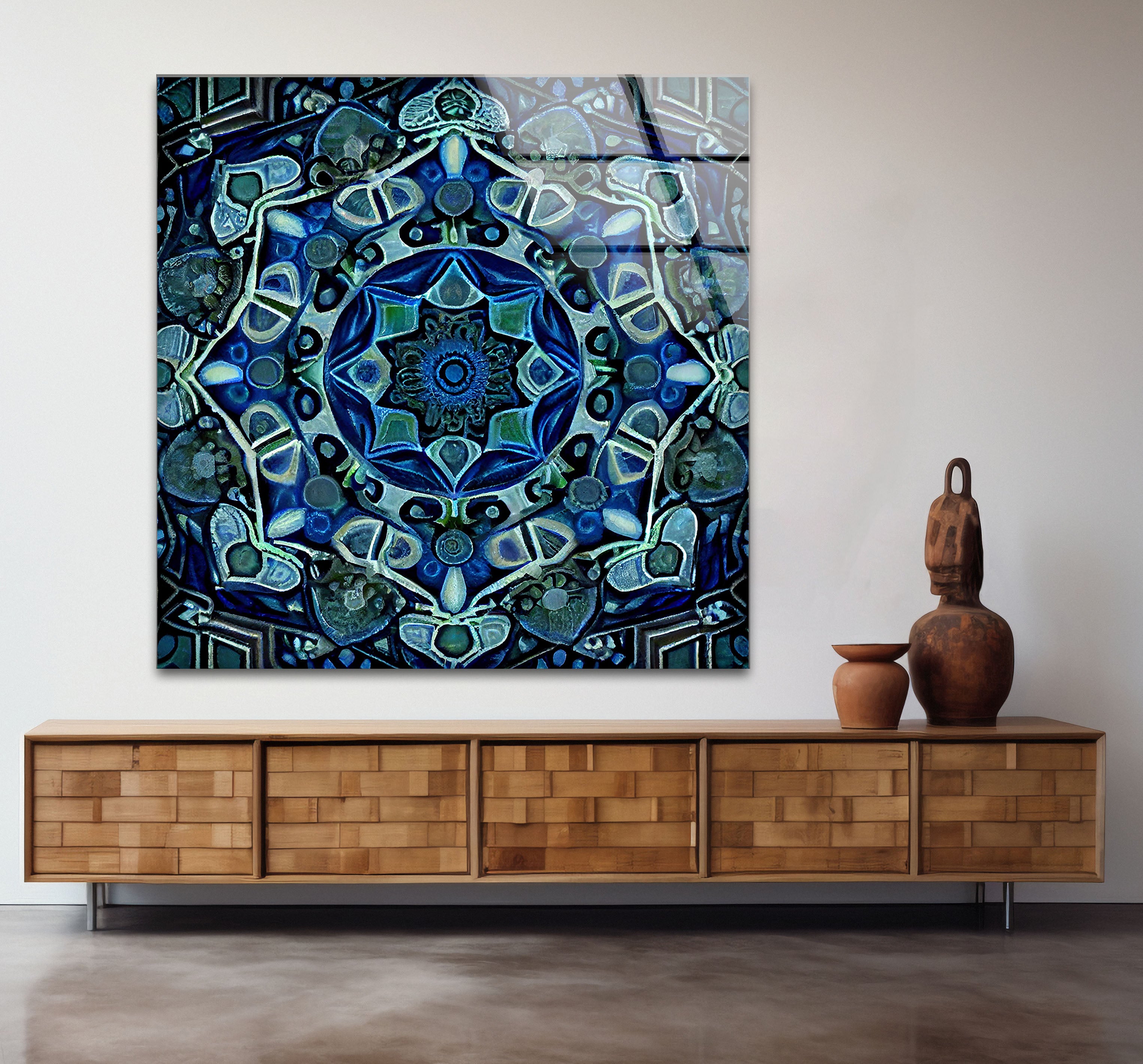 Blue Mandala Glass Wall Art – Handcrafted Intricate Geometric Design for Modern Home & Office Decor | Meditation Room, Yoga Studio & Spiritual Space Decor