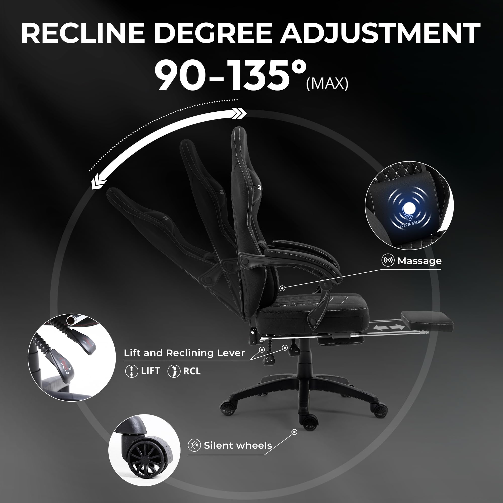 Dowinx Ergonomic Gaming Chair with Breathable Fabric & Pocket Spring Cushion - Comfortable Office Chair with Gel Seat Pad, Massage Function & Footrest - Perfect for PC Gaming, Home Office & Streaming Setup (Black)