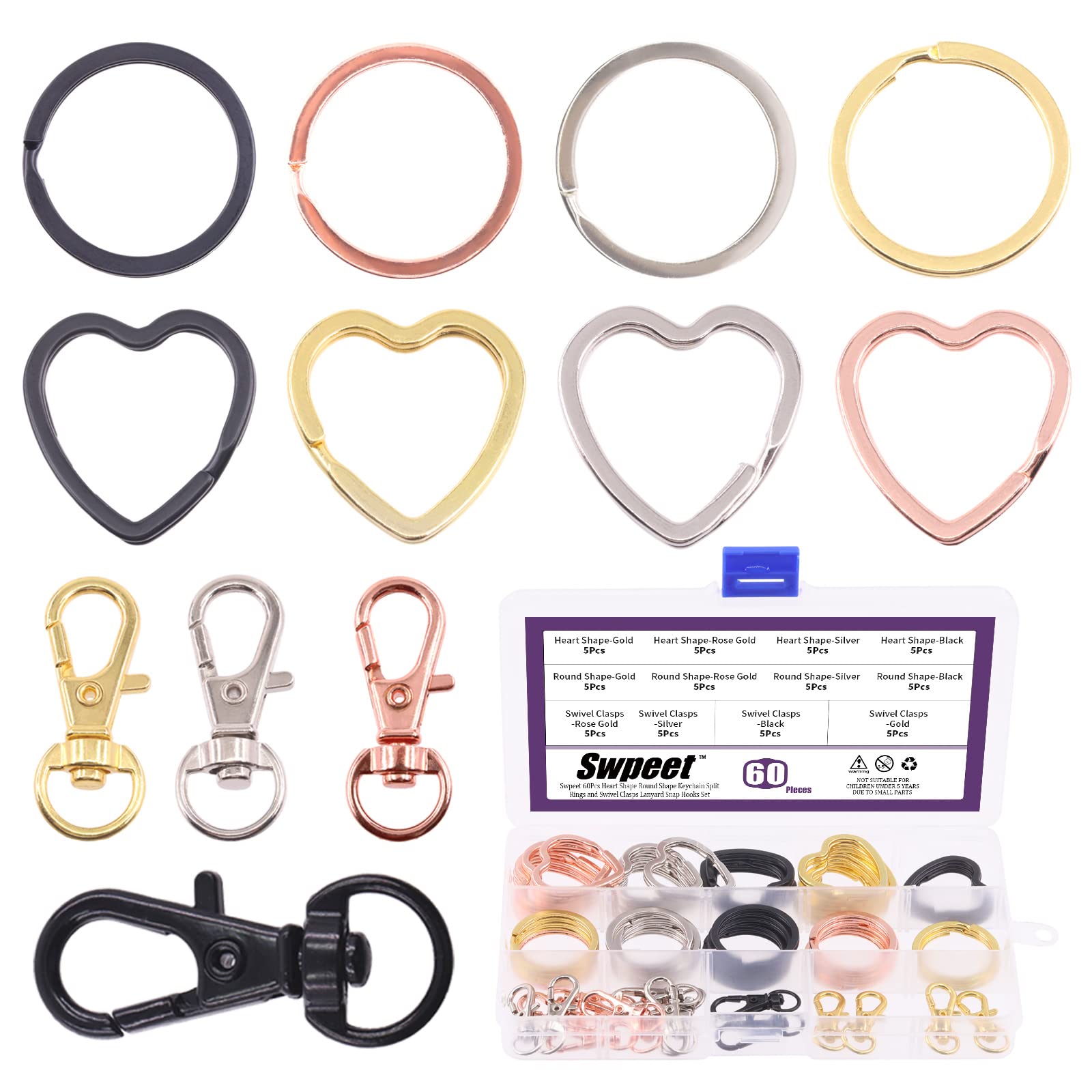 Swpeet 60Pcs Round & Heart Shape Key Rings - 4 Colors Metal Swivel Lobster Claw Clasp Keychain Kit with Split Rings & Jump Rings for DIY Crafts, Jewelry Making, Keychains & Leather Projects