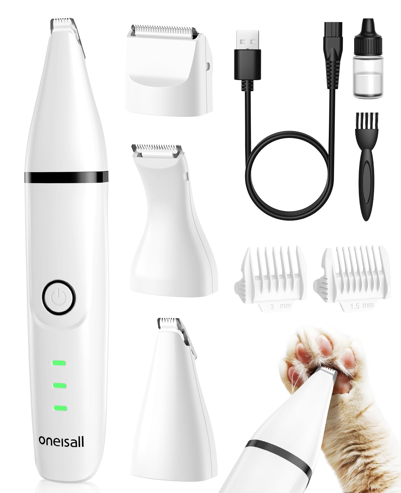 Oneisall Cordless Cat Shaver - Rechargeable 2-Speed Pet Grooming Kit with Quiet Operation | 3-in-1 Electric Clippers for Cats, Dogs & Small Animals | Perfect for Home Use & Travel Grooming Needs