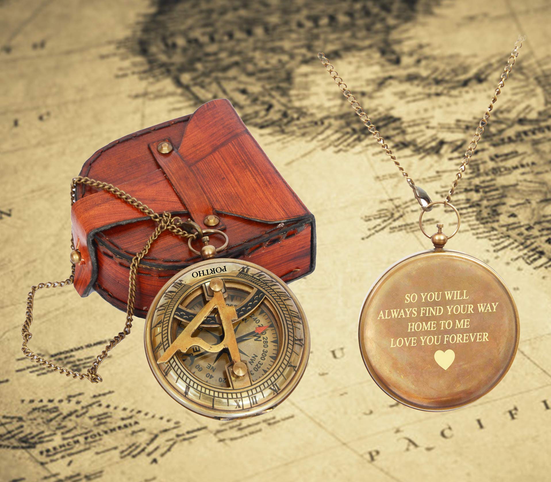 Engraved Sundial Compass with Leather Case - Perfect Traveler Gift, Inspirational Present for Adventurers - Unique Wedding, Baptism & Anniversary Gift for Him (Love You Forever) - Ideal for Outdoor Exploration, Hiking & Romantic Occasions