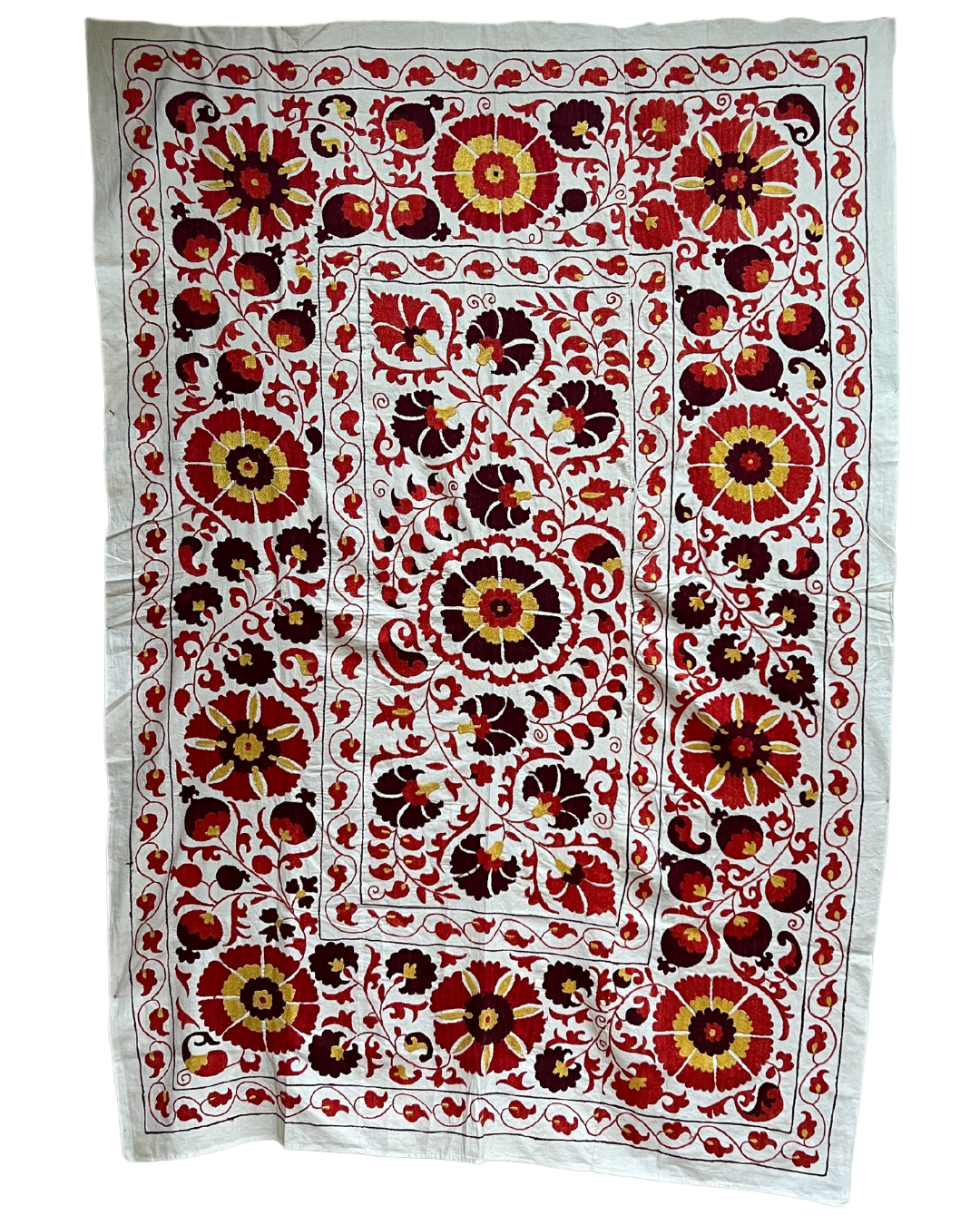 Suzani No. 215 - Handmade Embroidered Cotton Throw Blanket - Boho Home Decor for Bedroom, Sofa & Wall Hanging