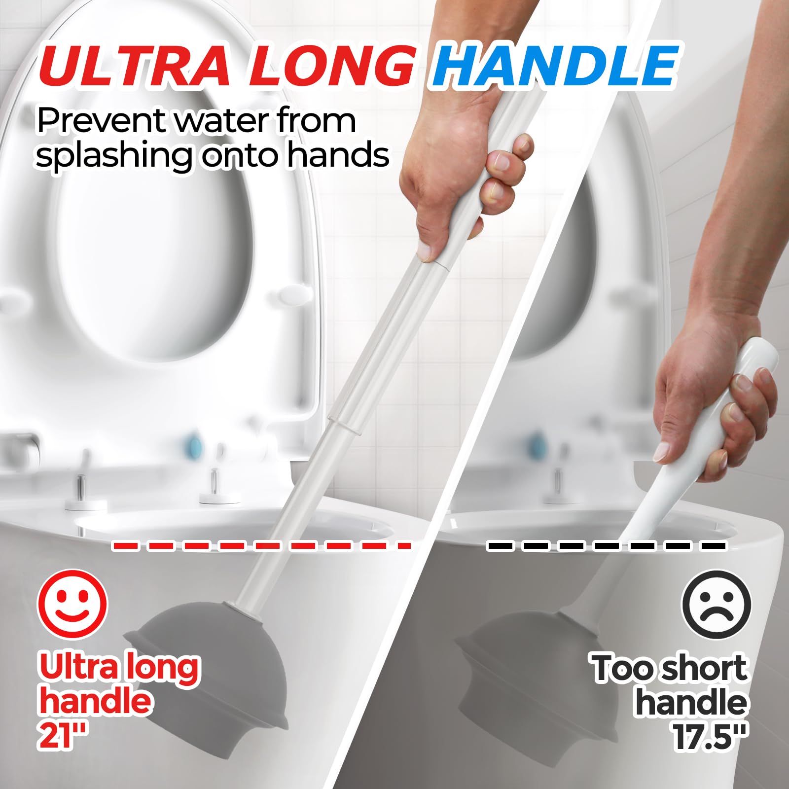 2 in 1 Toilet Plunger and Brush Set with Extended Handle - Heavy Duty Bathroom Cleaning Tools for Clogged Drains - Light Grey Toilet Bowl Brush Plunger Combo (21 Inch) - Perfect for Home, Apartment & RV Bathroom Maintenance