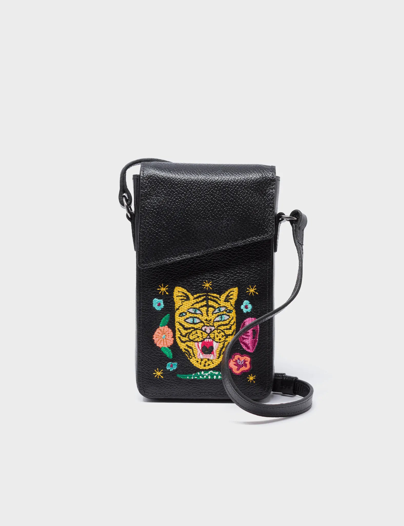 Max Black Crossbody Phone Pouch with Happy Tiger Embroidery - Stylish & Secure Cellphone Holder for Women & Men - Perfect for Travel, Shopping & Daily Use
