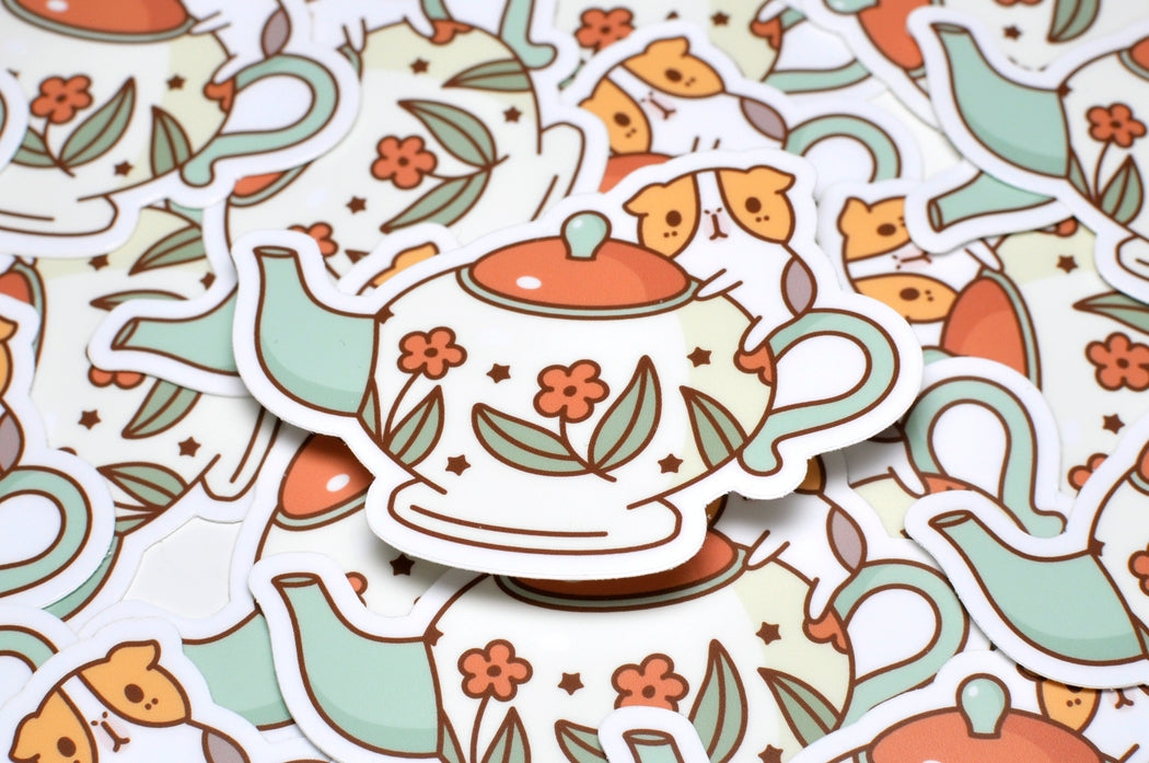 Bubu and Tea Pot Vinyl Sticker - Waterproof Decal for Laptops, Water Bottles & DIY Crafts - Cute Kawaii Aesthetic Stickers for Scrapbooking, Journals & Home Decor