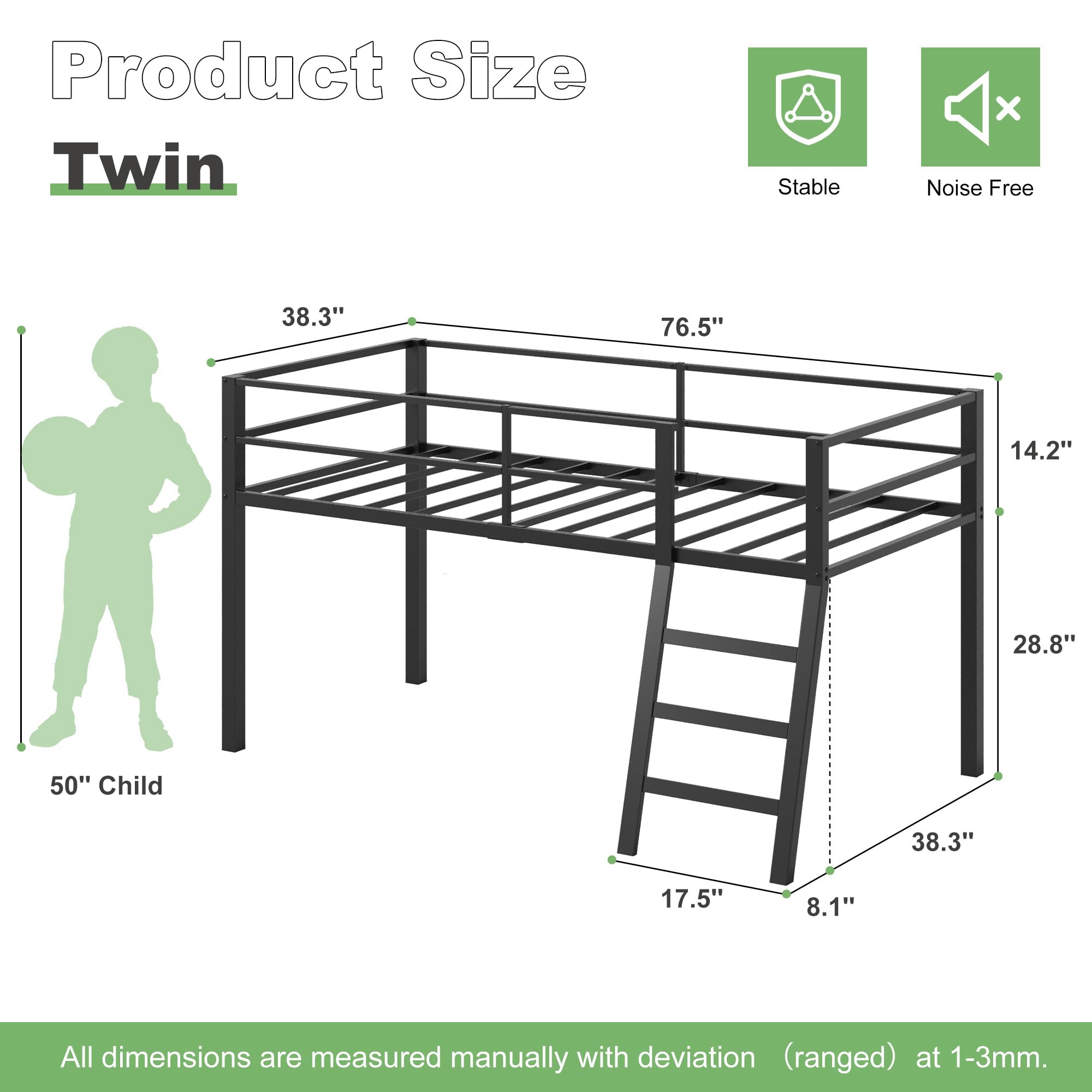Low Loft Bed Twin Size - Sturdy Metal Junior Loft Bed with Stairs & Safety Rail | Quiet Design for Small Bedrooms | Black | Perfect for Kids' Rooms, Dorms & Space-Saving Bedroom Solutions