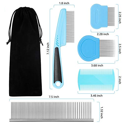 BENSEAO 5-Piece Pet Grooming Set - Metal Flea Comb for Dogs & Cats, Lice & Tear Stain Remover, Durable Detangling Comb with Storage Pouch (Blue) | Perfect for Removing Tangles, Dandruff & Floating Hair at Home or Professional Grooming