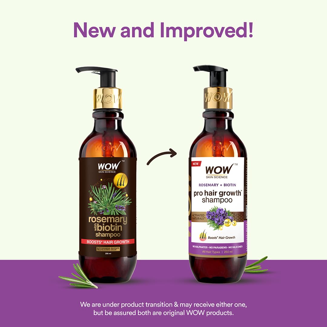WOW Skin Science Rosemary & Biotin Hair Growth Shampoo - Reduces Hair Fall, Stimulates New Growth, Prevents Breakage & Split Ends, Adds Shine - 8.8oz - For Thinning Hair & Scalp Care - Perfect for Daily Use at Home or Salon