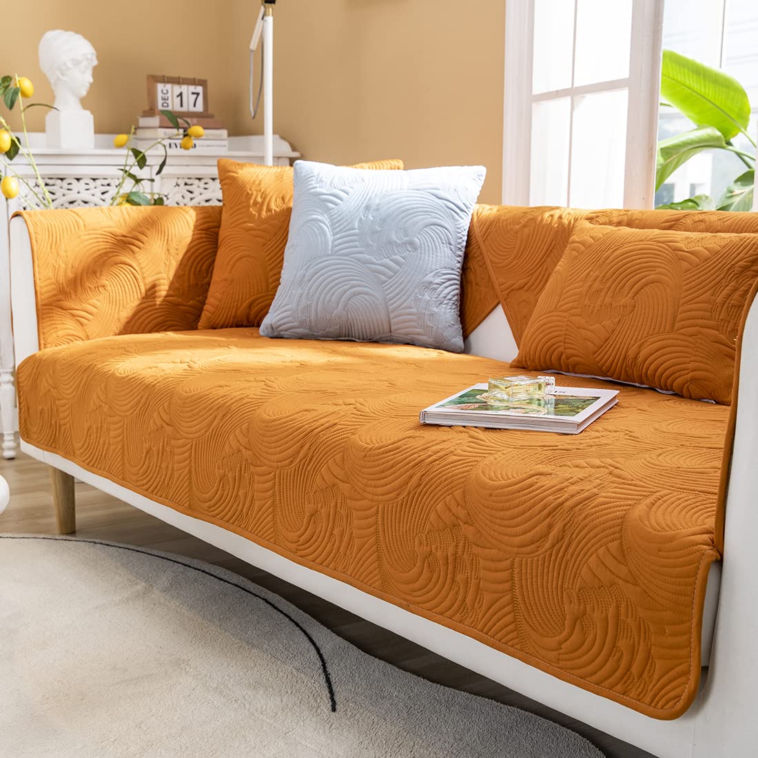 Vctops Non-Slip Quilted Cotton Sofa Cover - Embroidery Couch Protector for Sectional, L-Shaped & Recliner Furniture (28