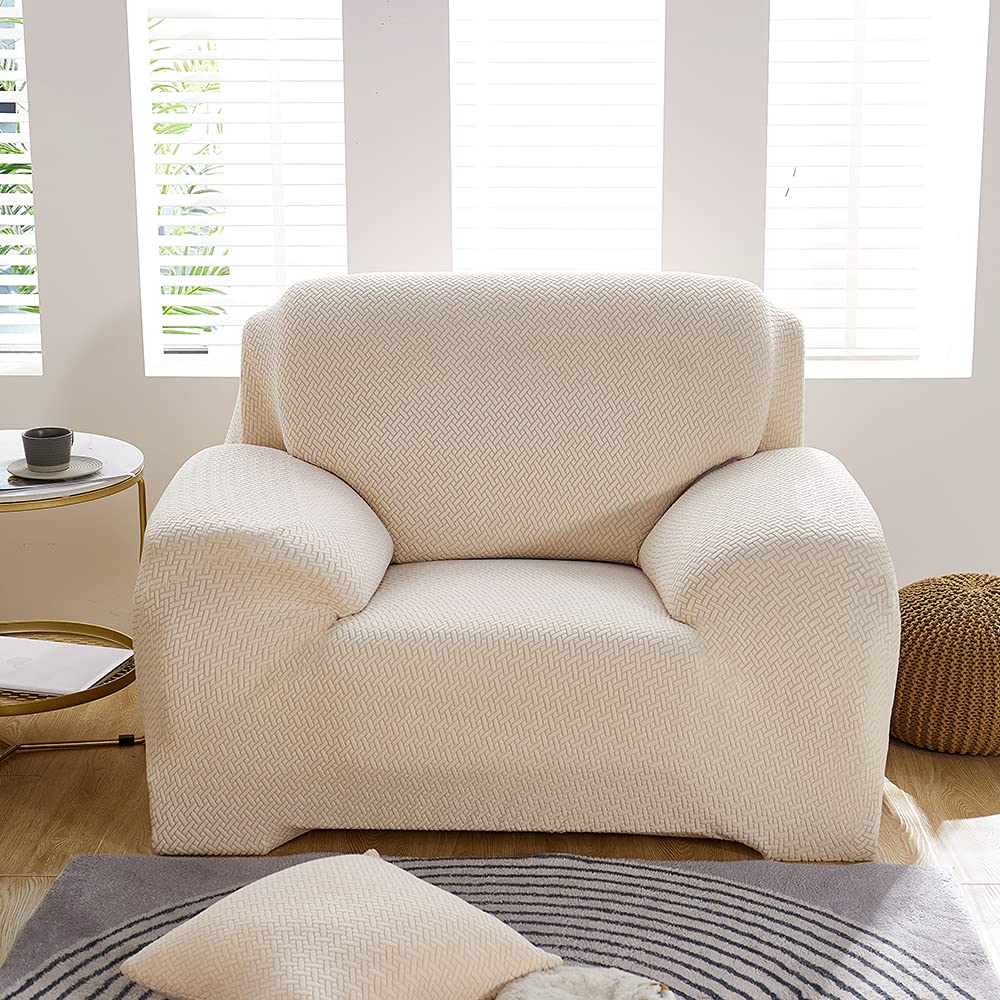 Stretch Sofa Cover Elastic Slipcover - Universal Fit for 4 Seater Couch, Loveseat & Chair - Printed Pattern Fabric Furniture Protector (Beige) - Perfect for Living Room, Home Decor & Pet Protection