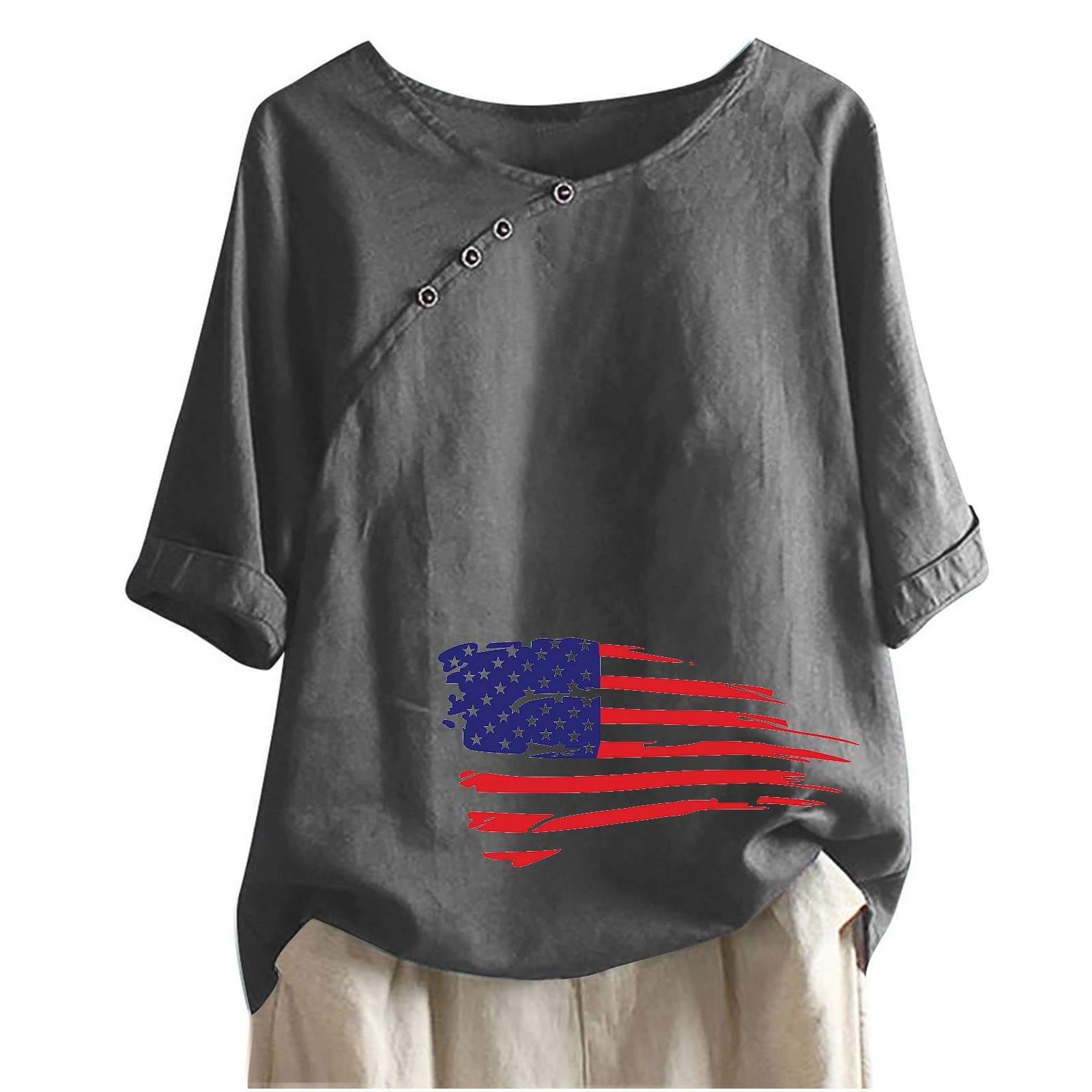 Plus Size Women's Scoop Neck T-Shirts - Cotton Linen Blouse with USA Flag Print, Half Sleeve Casual Tee | Perfect for Summer Outfits, 4th of July Celebrations & Everyday Wear