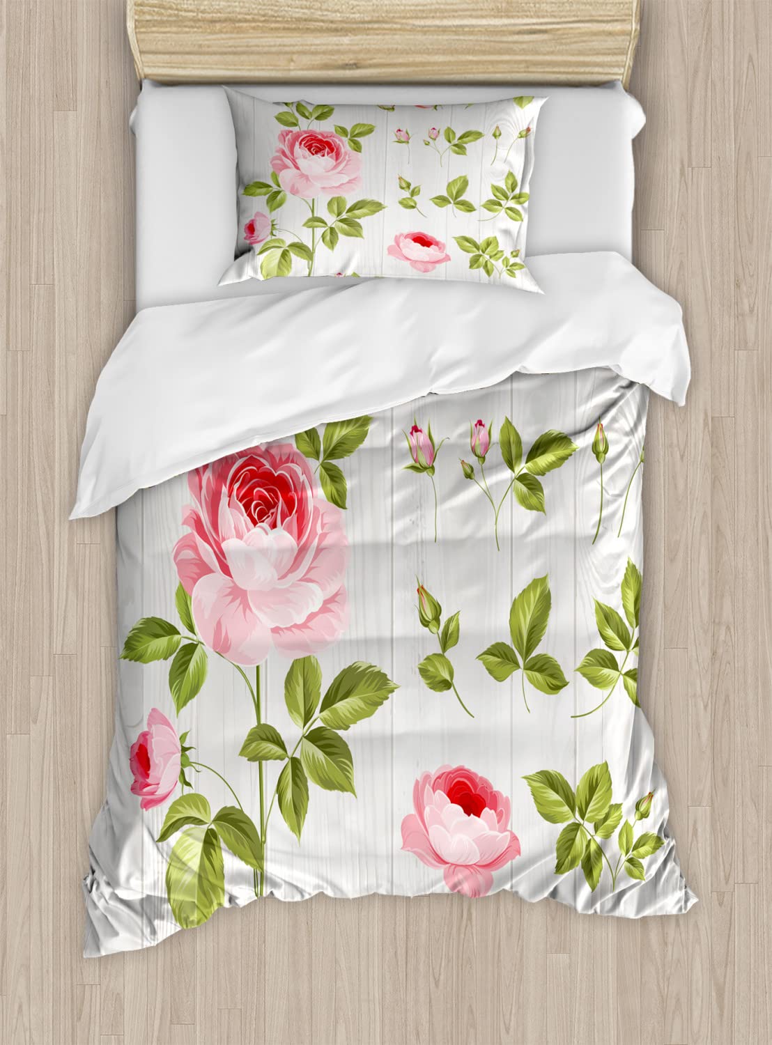 Vintage Floral Duvet Cover Set - 2 Piece Twin Size with Rose Petals Design on Wooden Background, Pale Pink & Khaki Wedding Bedding (2 Duvet Covers + 2 Pillowcases) - Perfect for Romantic Bedroom Decor, Guest Room & Bridal Shower Gift