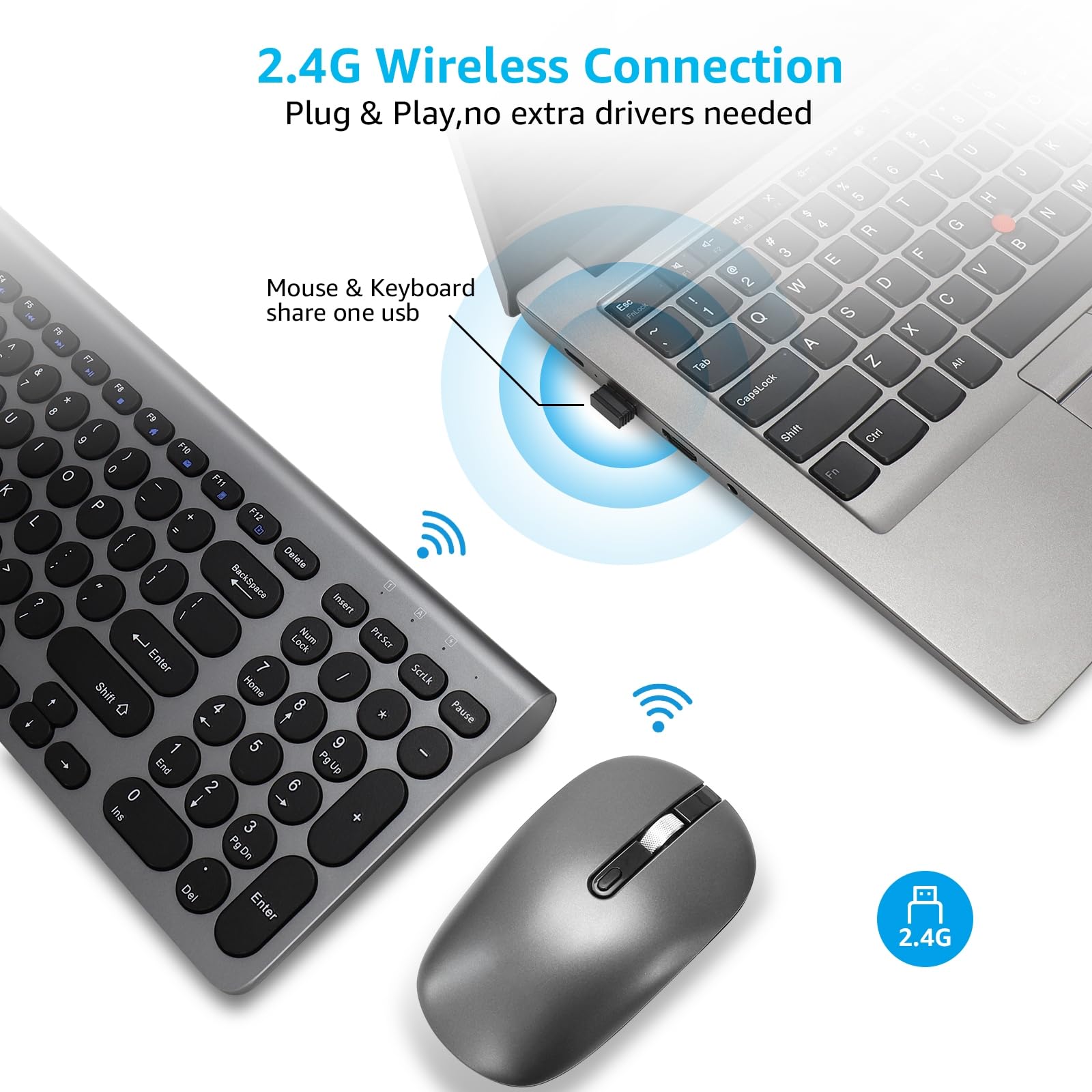 LeadsaiL Wireless Keyboard and Mouse Combo - Compact, Silent USB Wireless Keyboard and Mouse Set for Windows Laptop, Desktop, PC - Ergonomic Grey Design for Office, Home, and Gaming Use