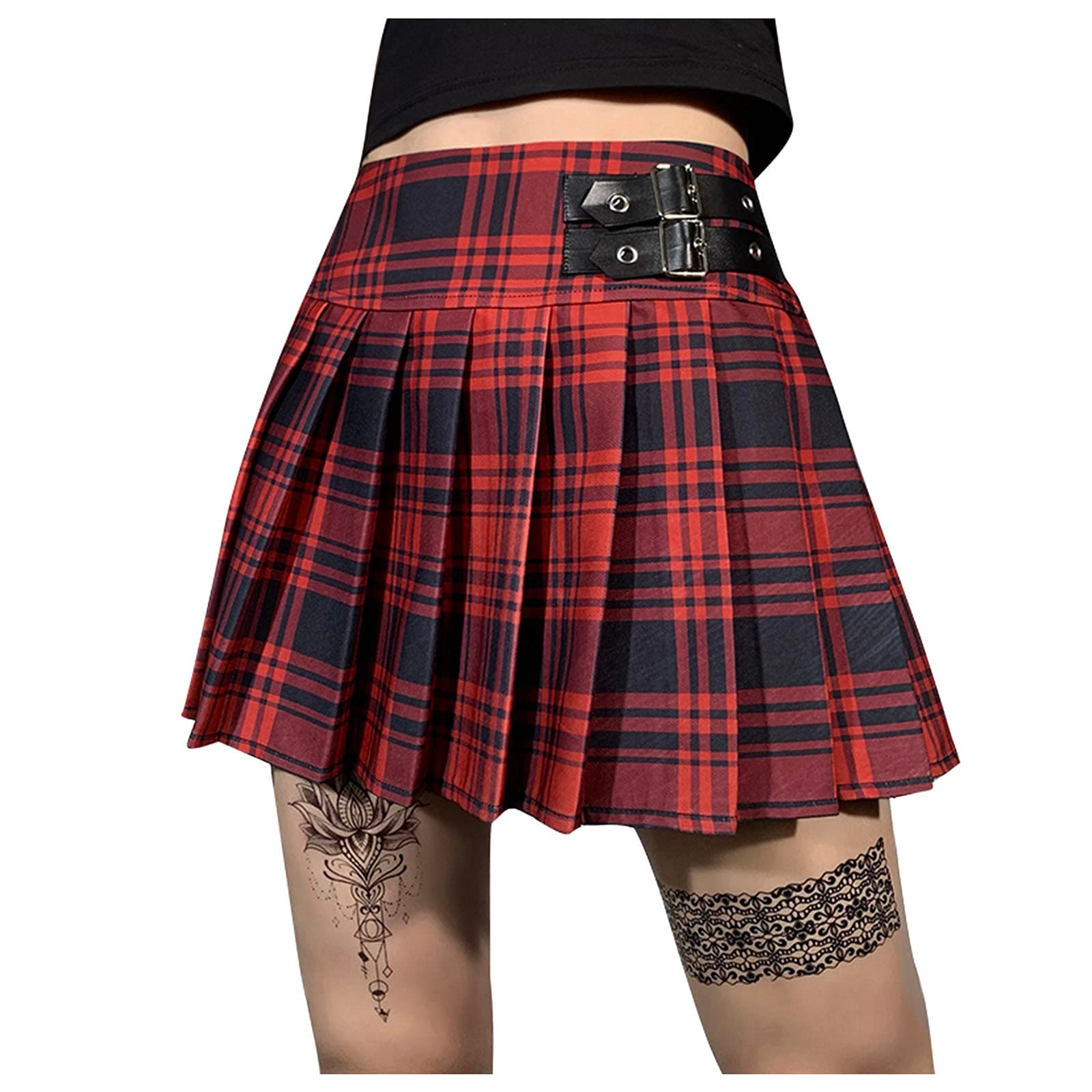 Stylish Gothic High-Waisted Mini Skirt for Women - Plaid Leather Webbing with Contrast Color | Perfect for Night Out, Clubwear & Alternative Fashion