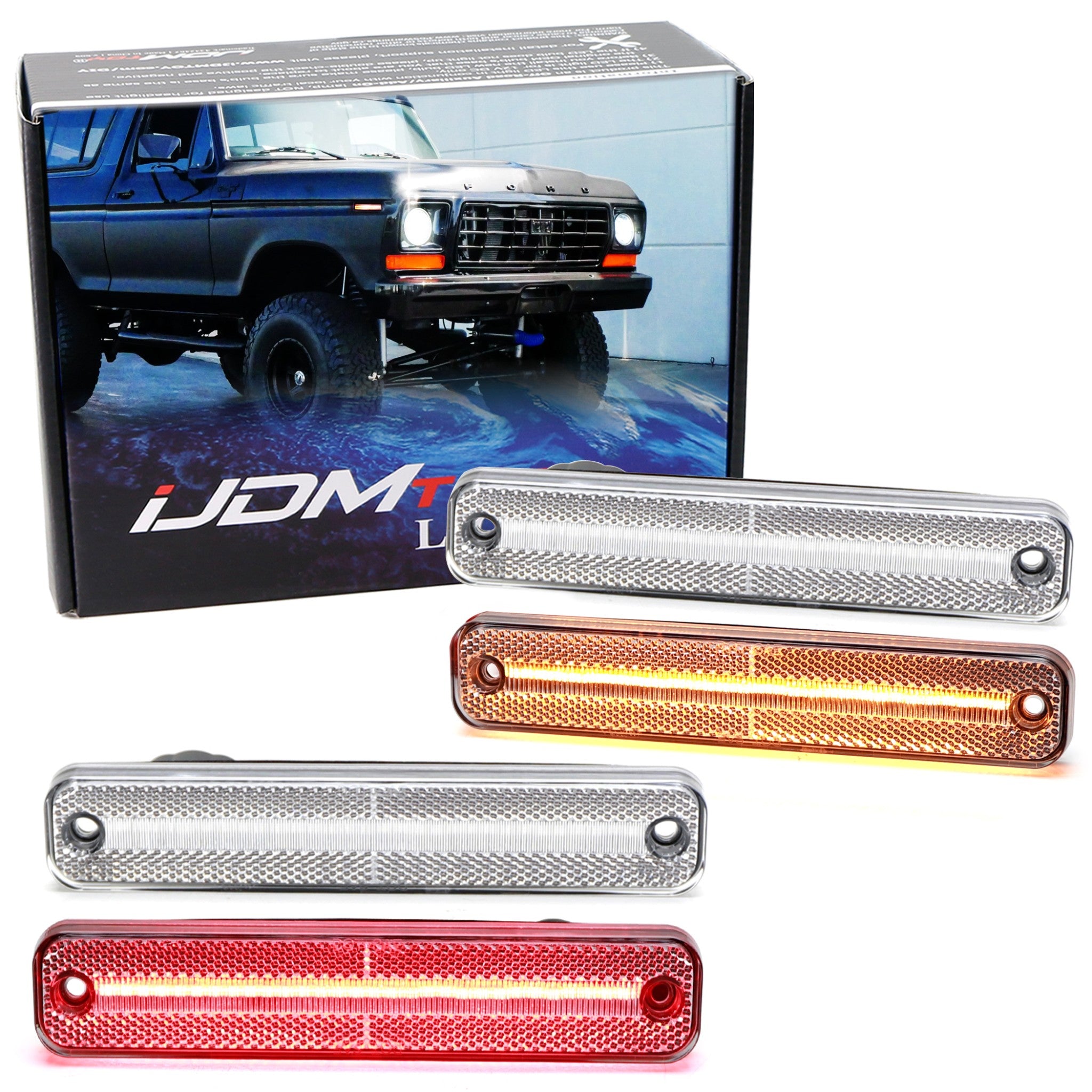 4PCS Clear Amber/Red LED Strip Side Markers for 1973-1979 Ford Bronco & F-Series Trucks - Durable Waterproof Marker Lights for Off-Roading, Night Driving & Vehicle Customization