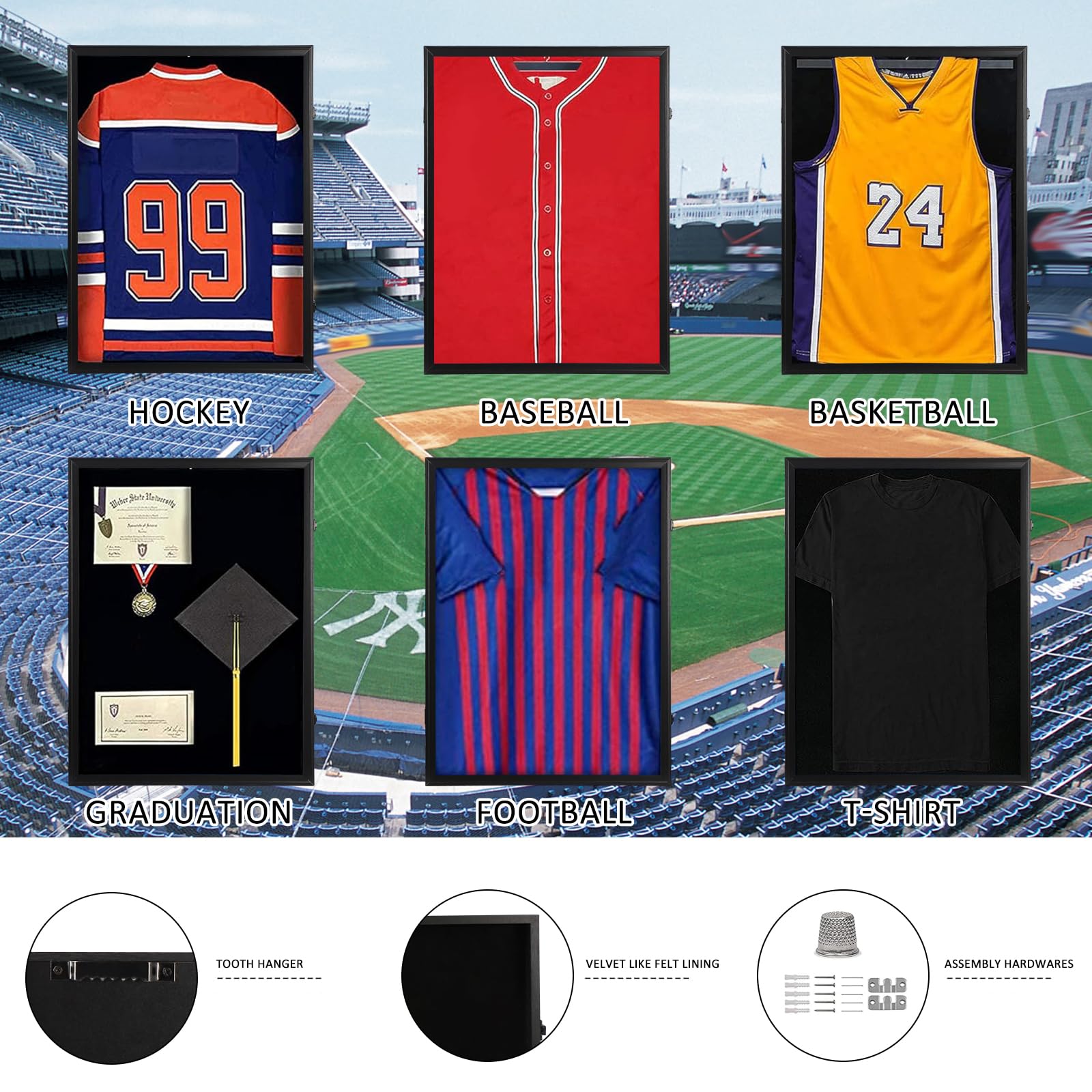 Premium Jersey Shadow Box Display Case with Black Locks - 98% UV Protection Acrylic & Dual Hangers for Sports Jerseys (Baseball, Basketball, Football, Soccer, Hockey) - Perfect for Uniforms, Graduation Memorabilia & Home Decor - Black Frame