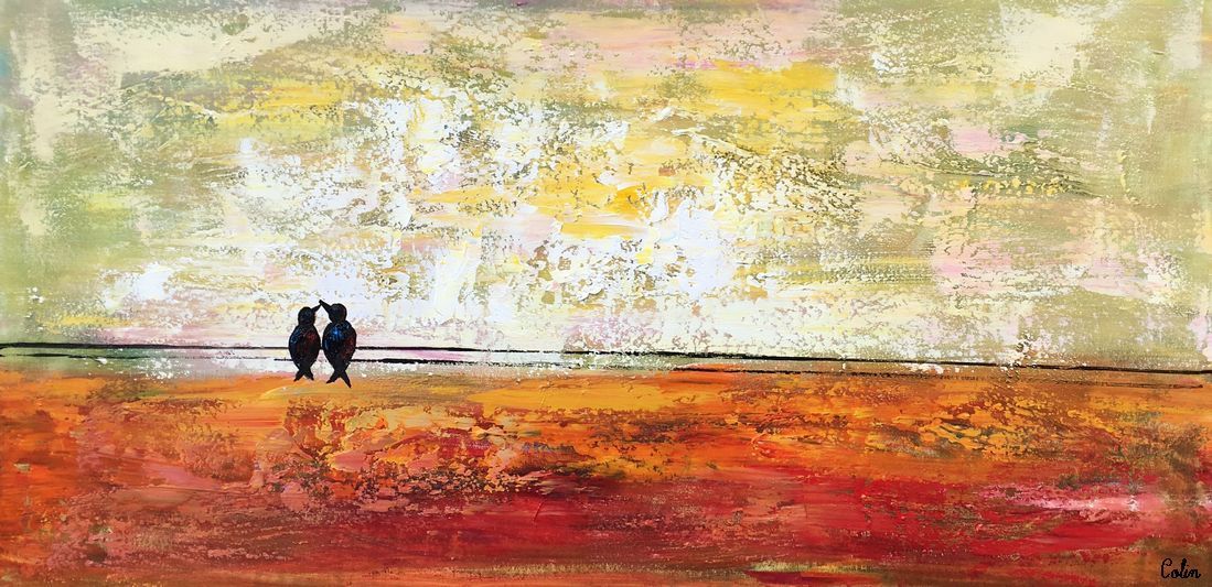Bird at Wire Painting - Original Large Canvas Art, Modern Simple Love Birds Wall Decor - Perfect Anniversary Gift for Home & Office Decoration
