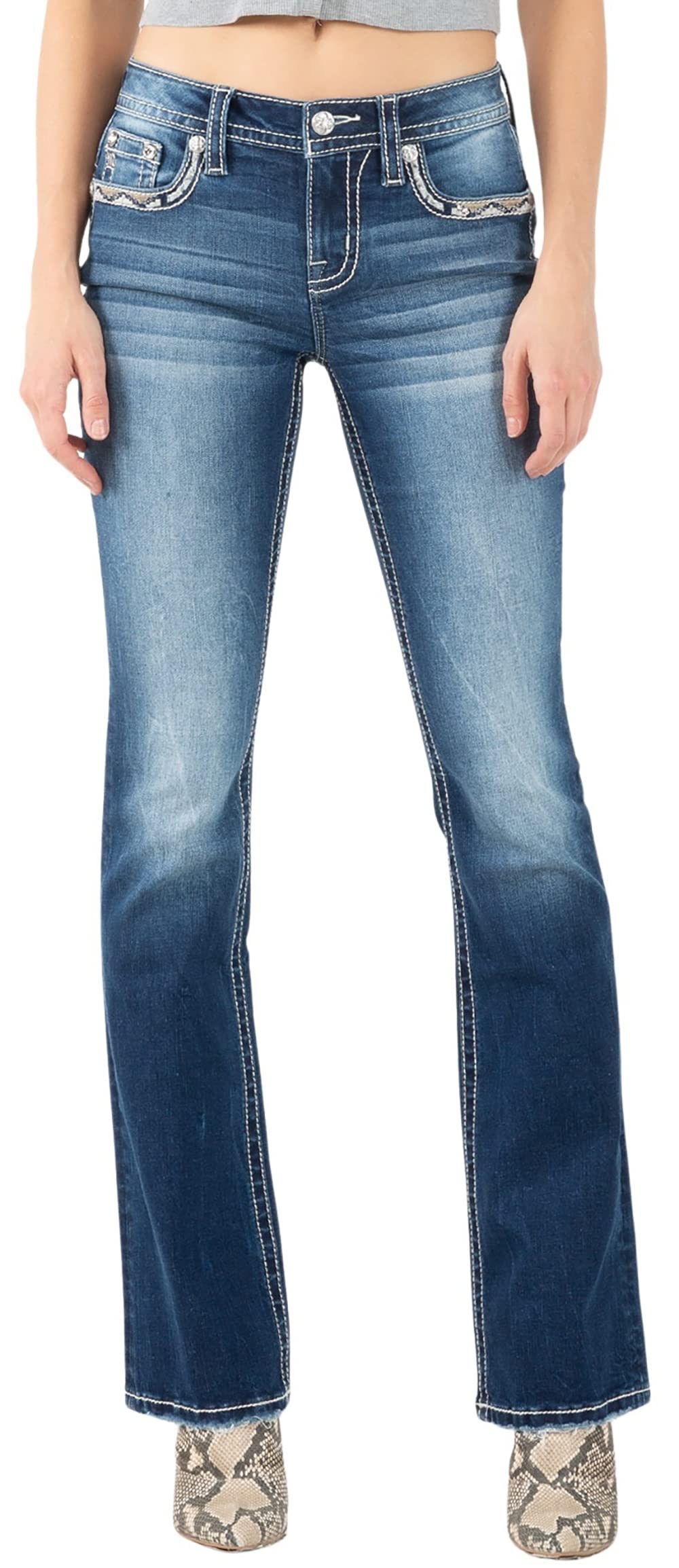 Miss Me Women's Mid-Rise Blue and Gold Bliss Embellished Boot Cut Jeans with Faux Flap Pockets - Stylish Denim Pants for Casual Wear, Night Out & Everyday Fashion