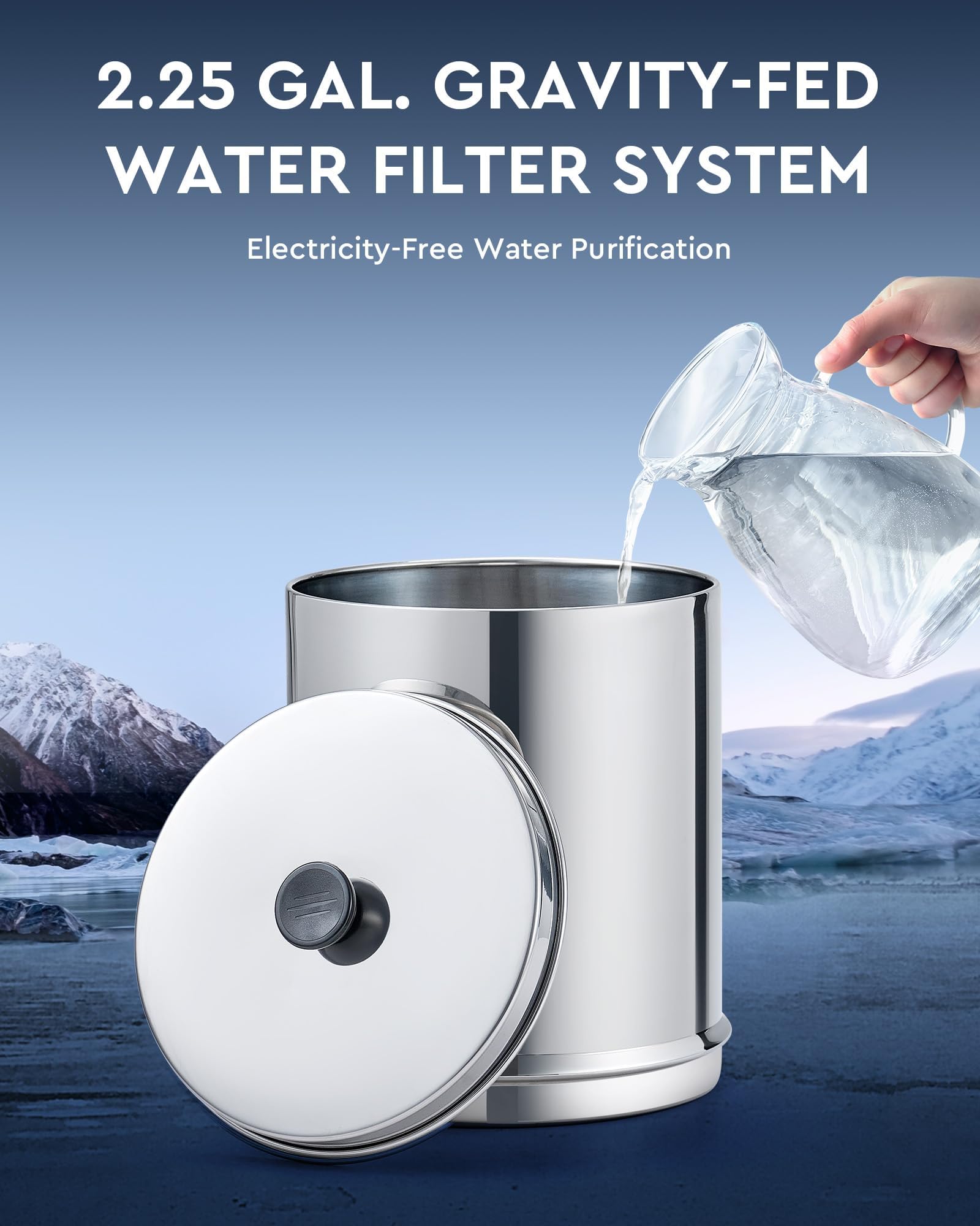 CO-Z 2.25 Gallon Gravity-Fed Water Filter System - Countertop Stainless Steel Water Purifier with 2 Carbon Filters & Spigot | NSF/ANSI 42 Certified | Perfect for Home, Office, Camping & Emergency Preparedness