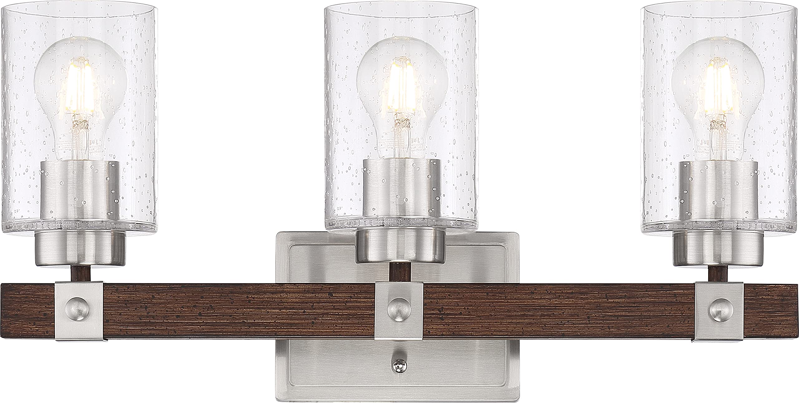 Nuvo 60/6963 Arabel Vanity Light Fixture - Brushed Nickel & Nutmeg Wood Finish with Clear Seeded Glass - 3-Light Bathroom Sconce for Modern & Farmhouse Decor