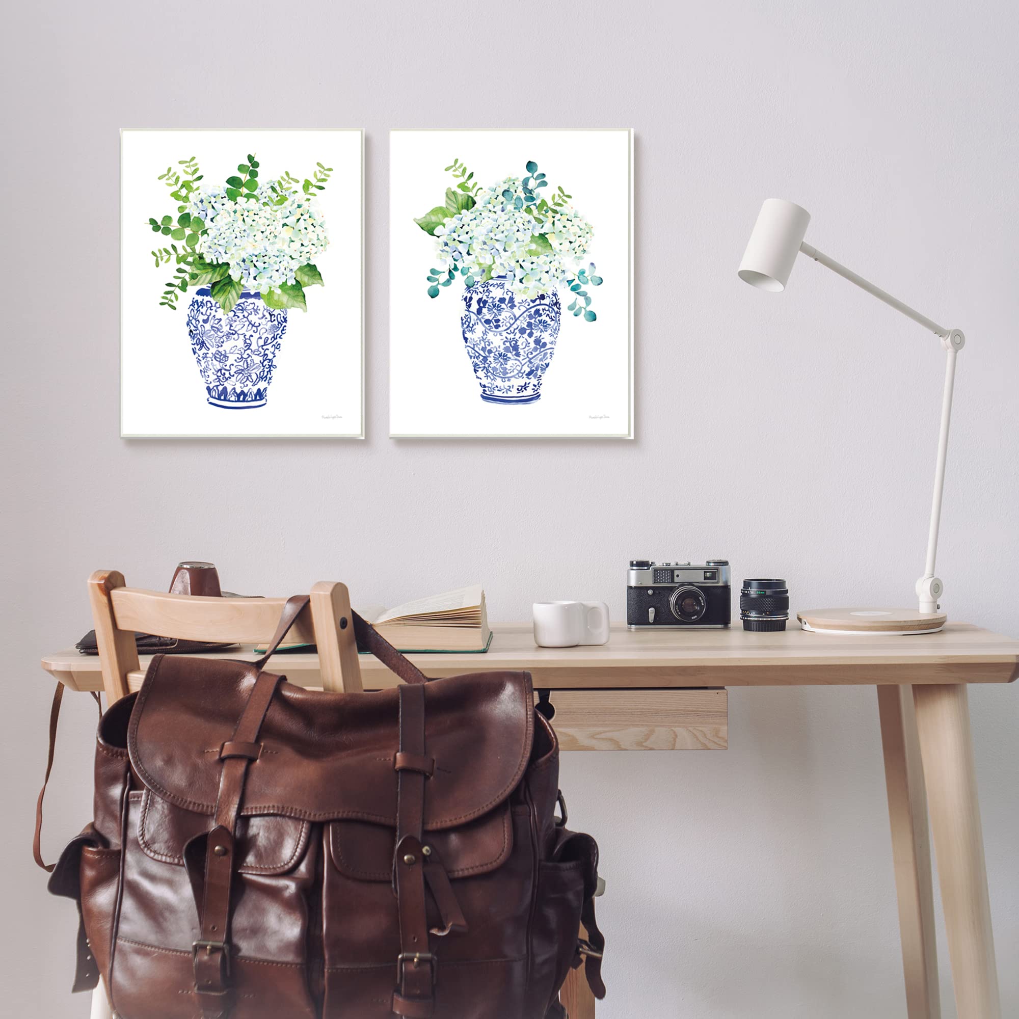 Stupell Industries Blue Floral Bouquets Wall Art - Lush Green Botanical Print in Ornate Pot - Home Decor for Living Room, Bedroom & Office