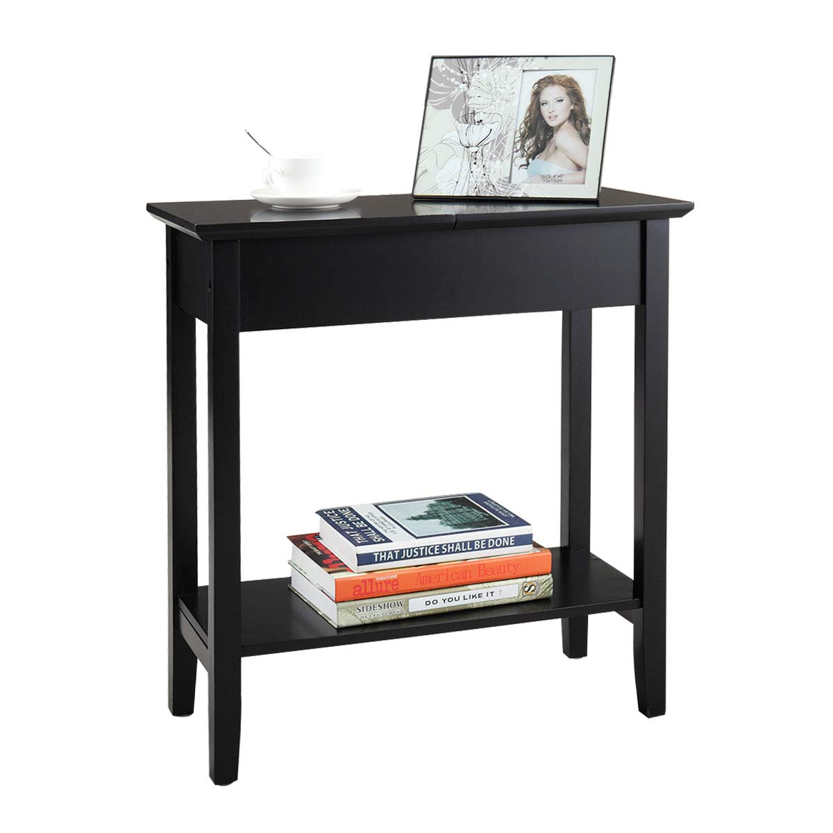 Modern Flip Top End Table with Storage Shelves - Wooden Side Table for Sofa, Living Room & Bedroom - Space-Saving Black Accent Furniture (Perfect for Small Spaces, Apartments & Home Decor)