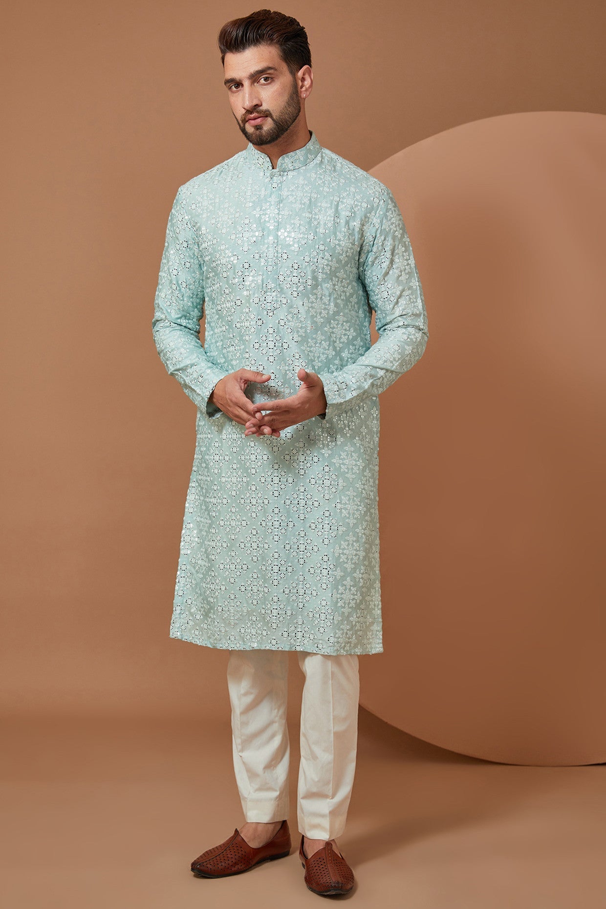 Stylish Ice Blue Mirrorwork Kurta for Women - Elegant Embroidered Indian Tunic Top - Perfect for Festivals, Weddings & Casual Wear
