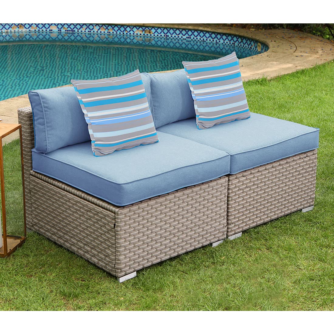 2-Piece Armless Chairs for Wicker Sectional Sofa Set - Denim Blue Thick Cushions & Striped Woven Pillows - Outdoor Patio Furniture for Garden, Pool, Backyard, Deck - Perfect for Relaxing and Entertaining Guests