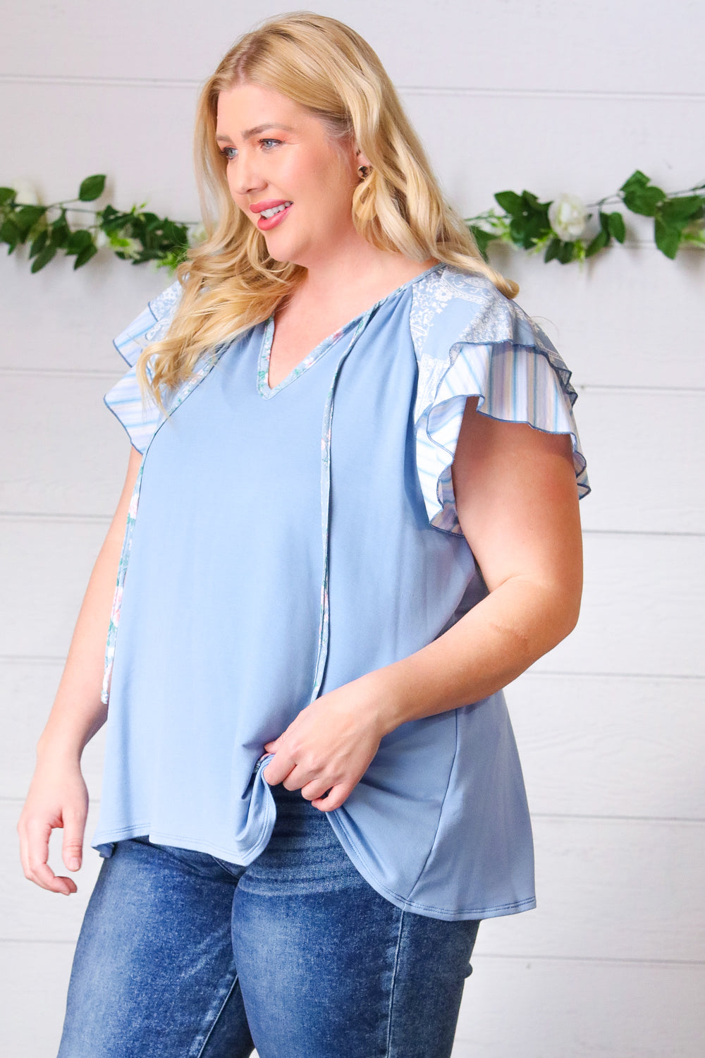 Blue Floral & Stripe V-Neck Tie Double Flutter Sleeve Blouse for Women | Summer Casual Tops for Work, Date Night & Outdoor Activities